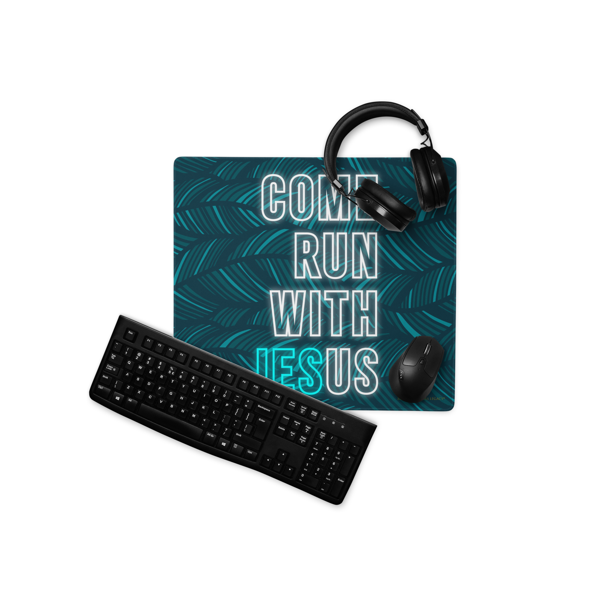 Come Run With Jesus Neon Blue Gaming Mouse Pad (18″×16″ / 36″×18″)