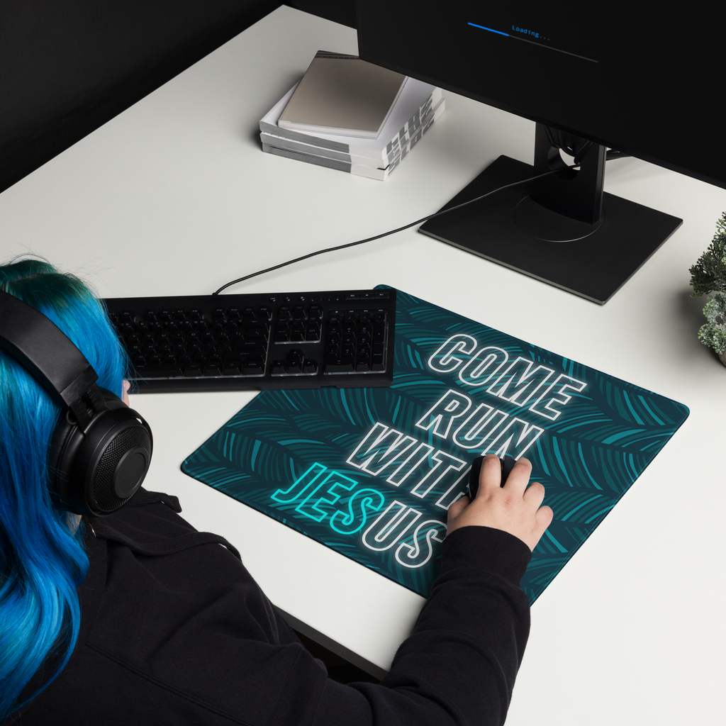Come Run With Jesus Neon Blue Gaming Mouse Pad (18″×16″ / 36″×18″)