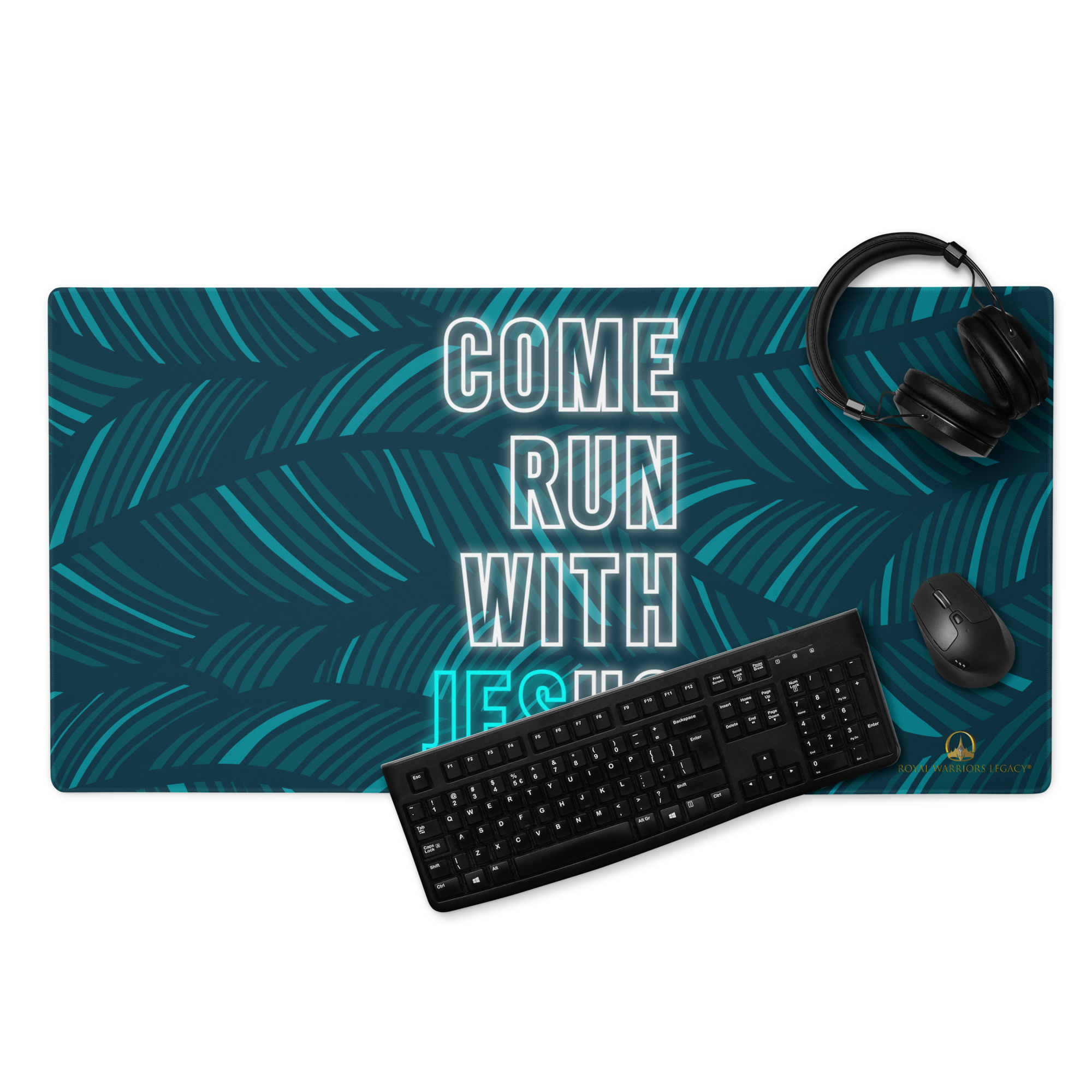 Come Run With Jesus Neon Blue Gaming Mouse Pad (18″×16″ / 36″×18″)