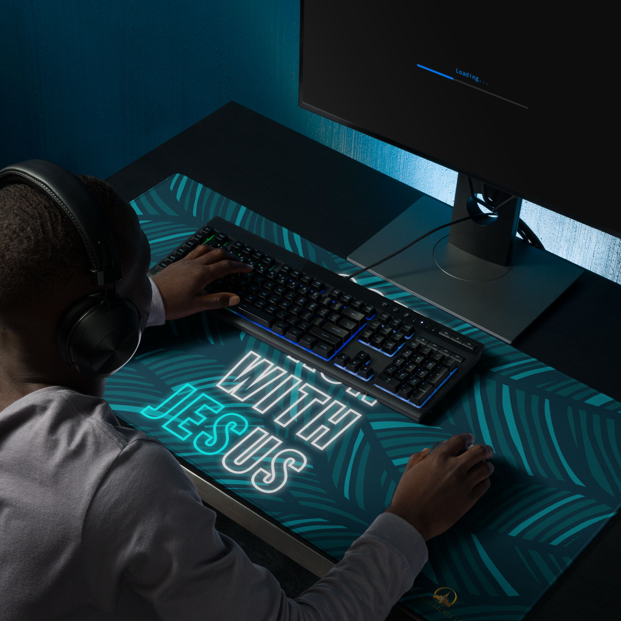 Come Run With Jesus Neon Blue Gaming Mouse Pad (18″×16″ / 36″×18″)
