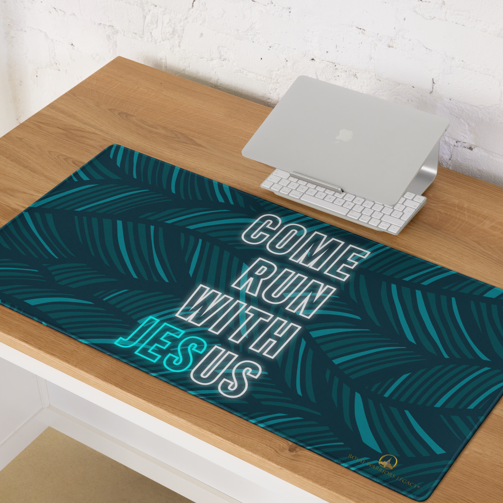 Come Run With Jesus Neon Blue Gaming Mouse Pad (18″×16″ / 36″×18″)