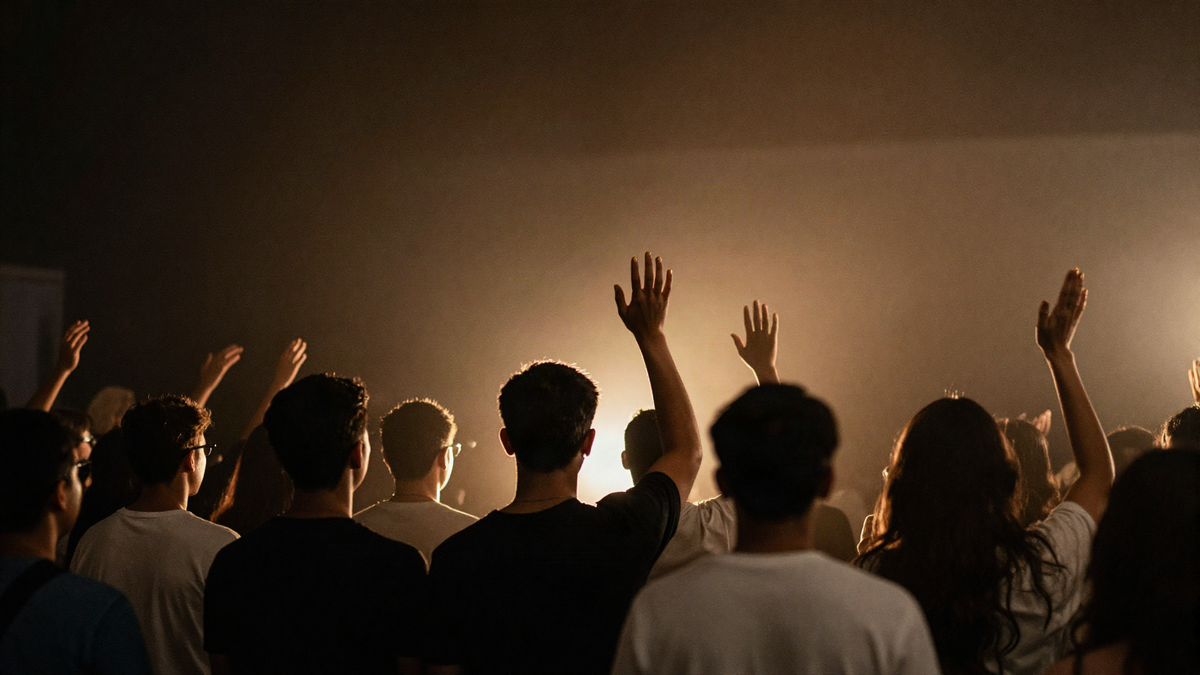 Young adults seen from behind with hands raised in worship, lit by warm golden light