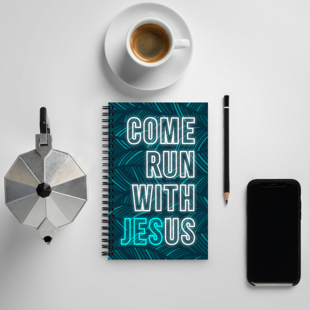 Come Run With Jesus Neon Blue Spiral Bullet Notebook