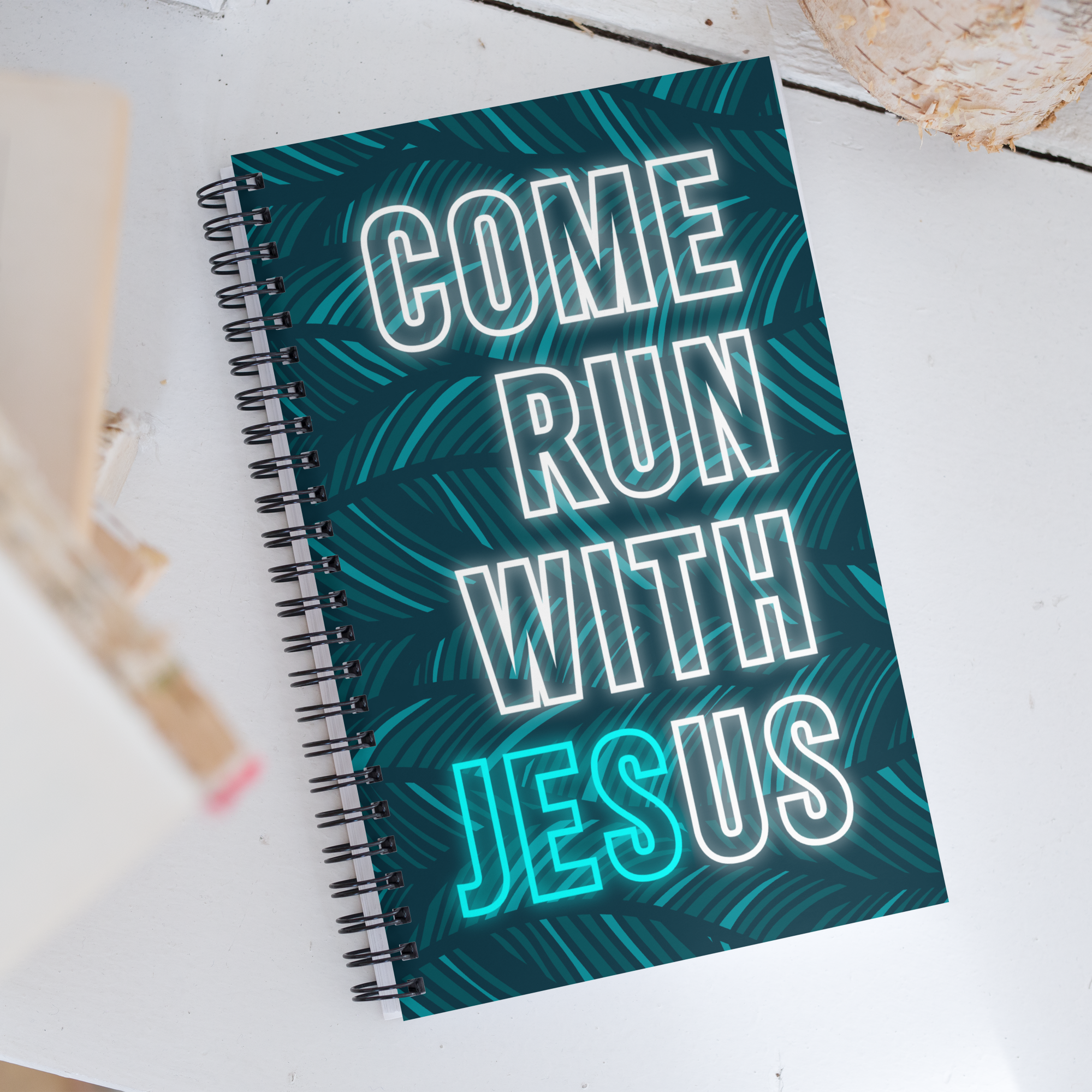 Come Run With Jesus Neon Blue Spiral Bullet Notebook