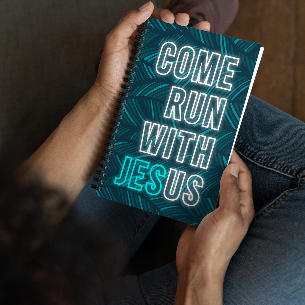 Come Run With Jesus Neon Blue Spiral Bullet Notebook