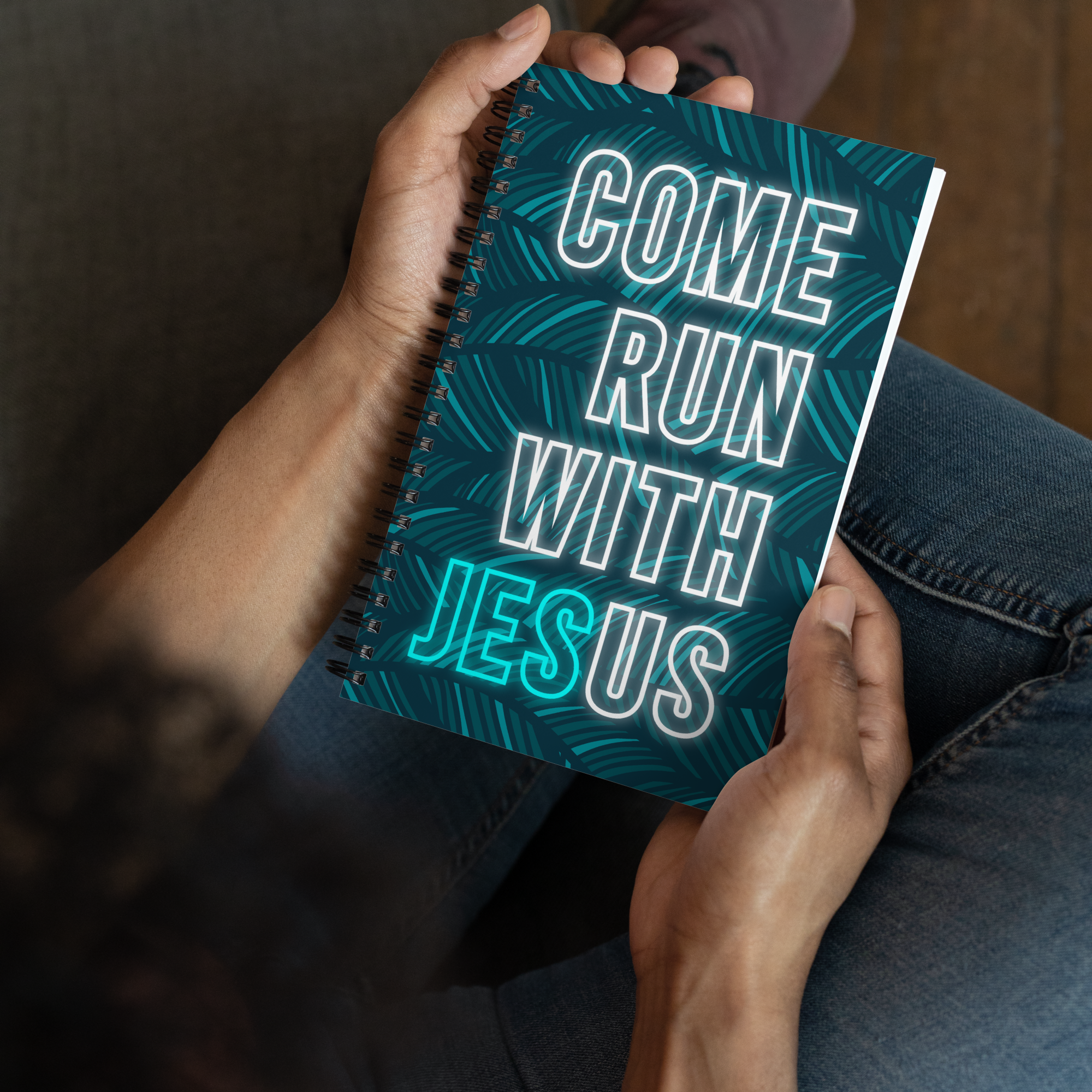 Come Run With Jesus Neon Blue Spiral Bullet Notebook
