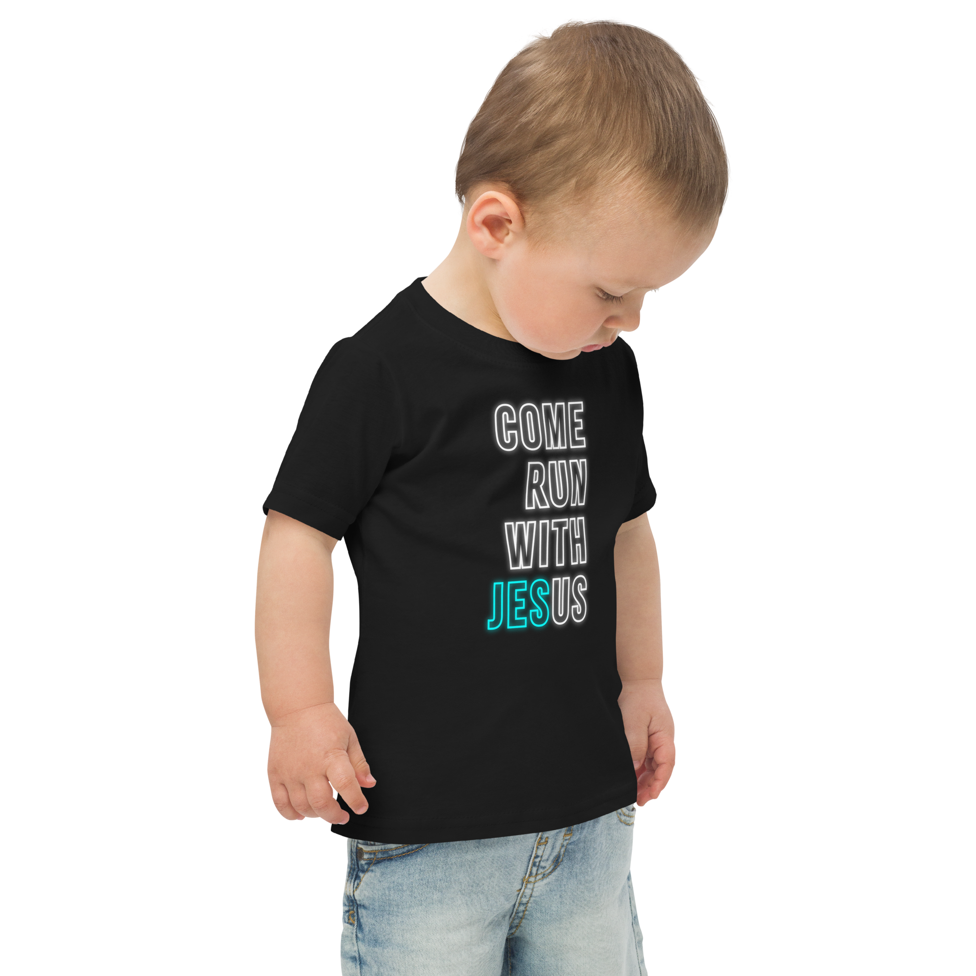 Come Run With Jesus Neon Blue Toddler Tee
