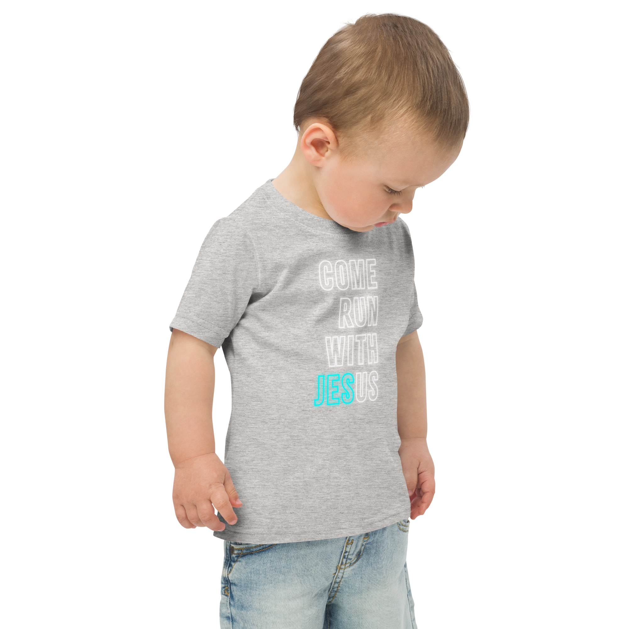 Come Run With Jesus Neon Blue Toddler Tee