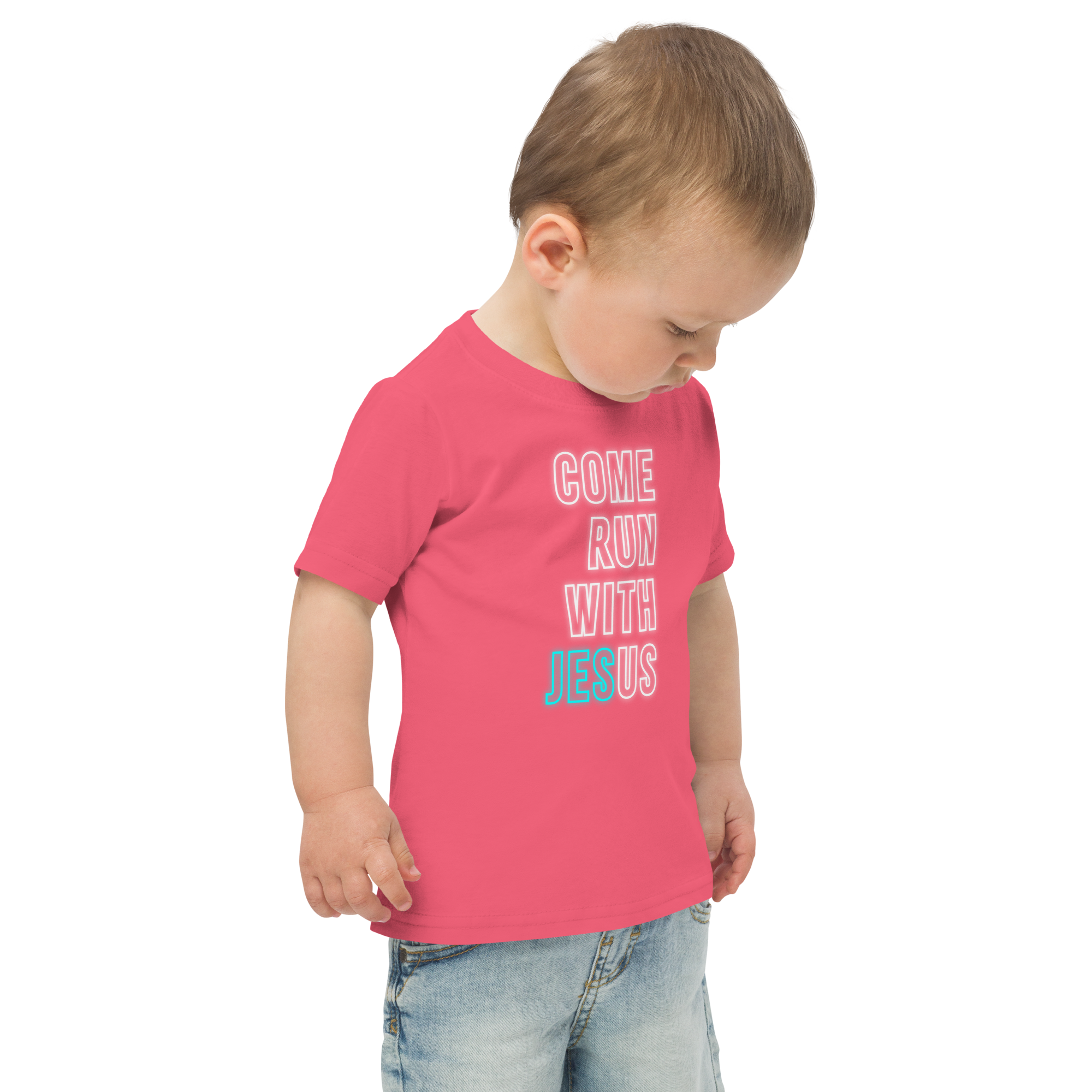 Come Run With Jesus Neon Blue Toddler Tee