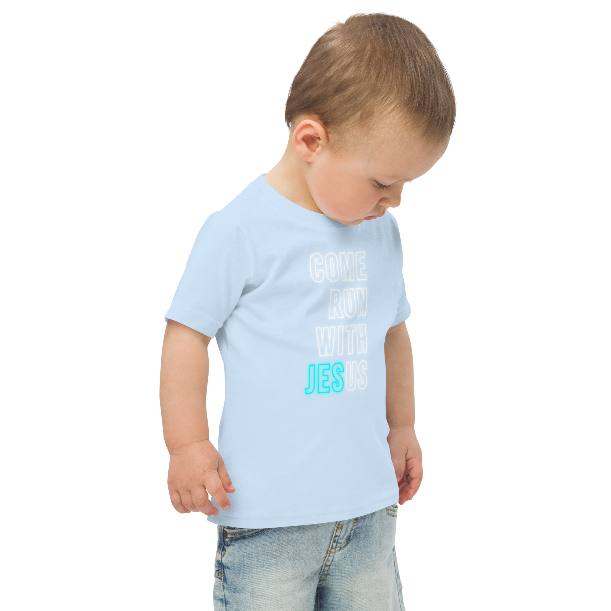 Come Run With Jesus Neon Blue Toddler Tee