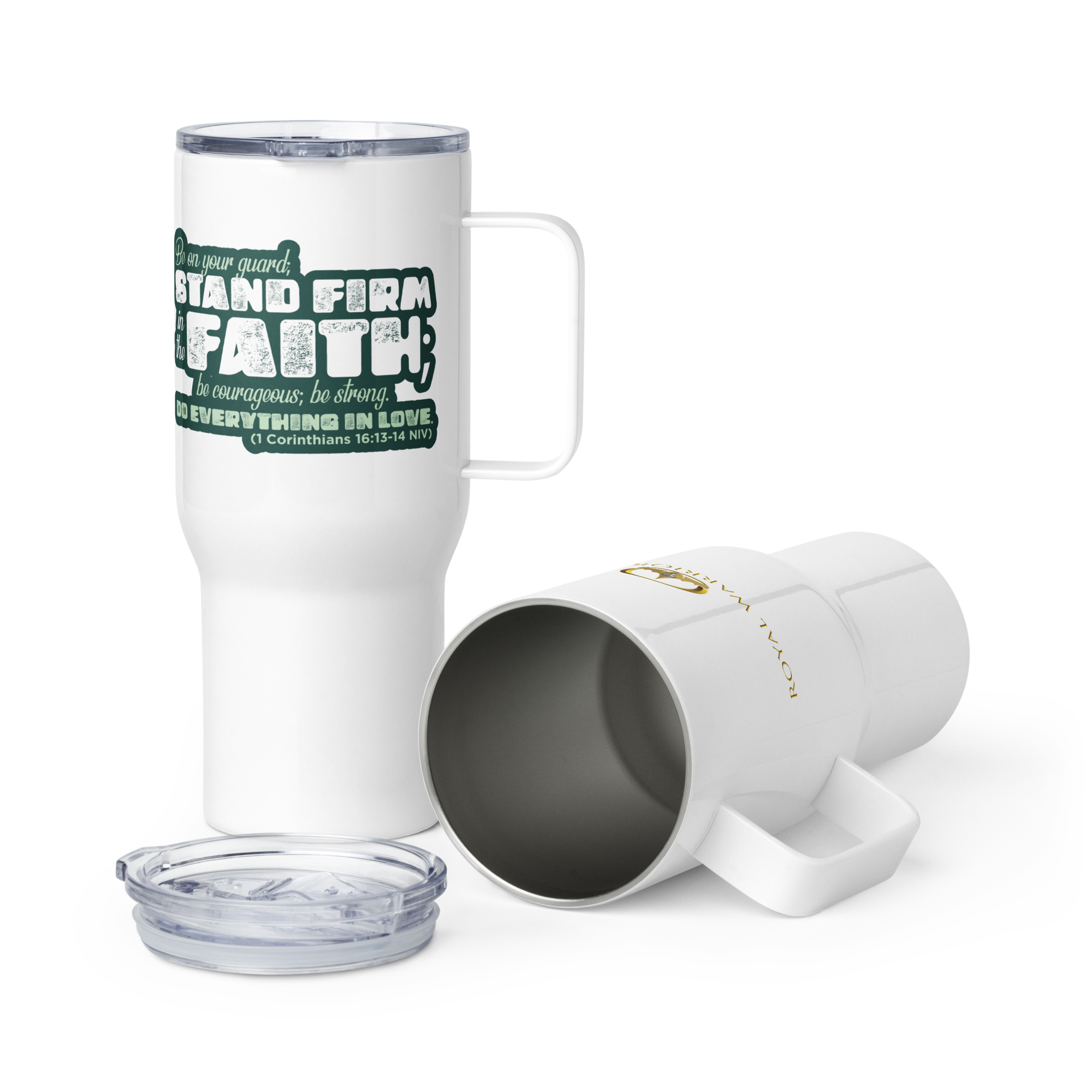 Stand Firm in Faith: 1 Corinthians 16:13-14 Travel Mug With Handle (25 oz / 40 oz)