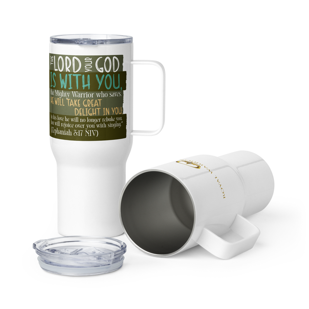 Rejoice in His Love: Zephaniah 3:17 Travel Mug With Handle (25 oz / 40 oz)