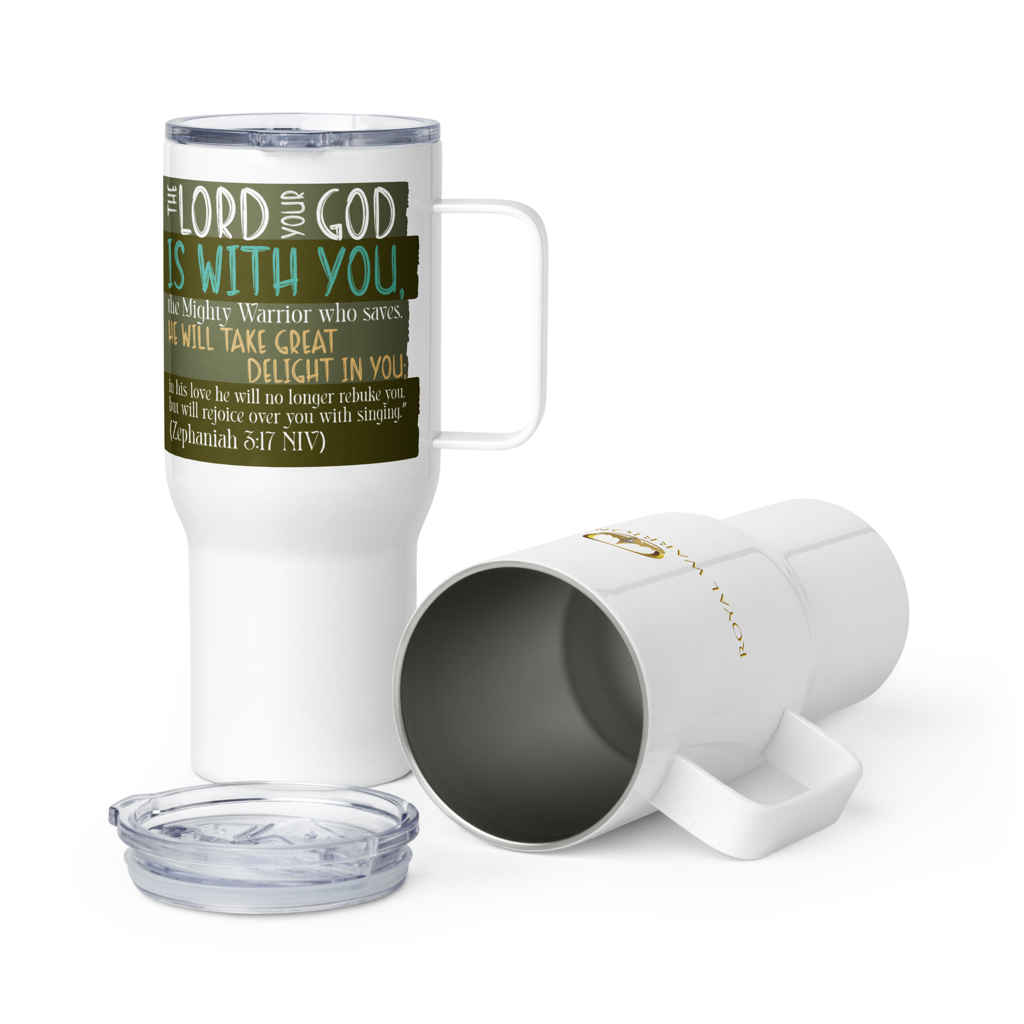 Rejoice in His Love: Zephaniah 3:17 Travel Mug With Handle (25 oz / 40 oz)