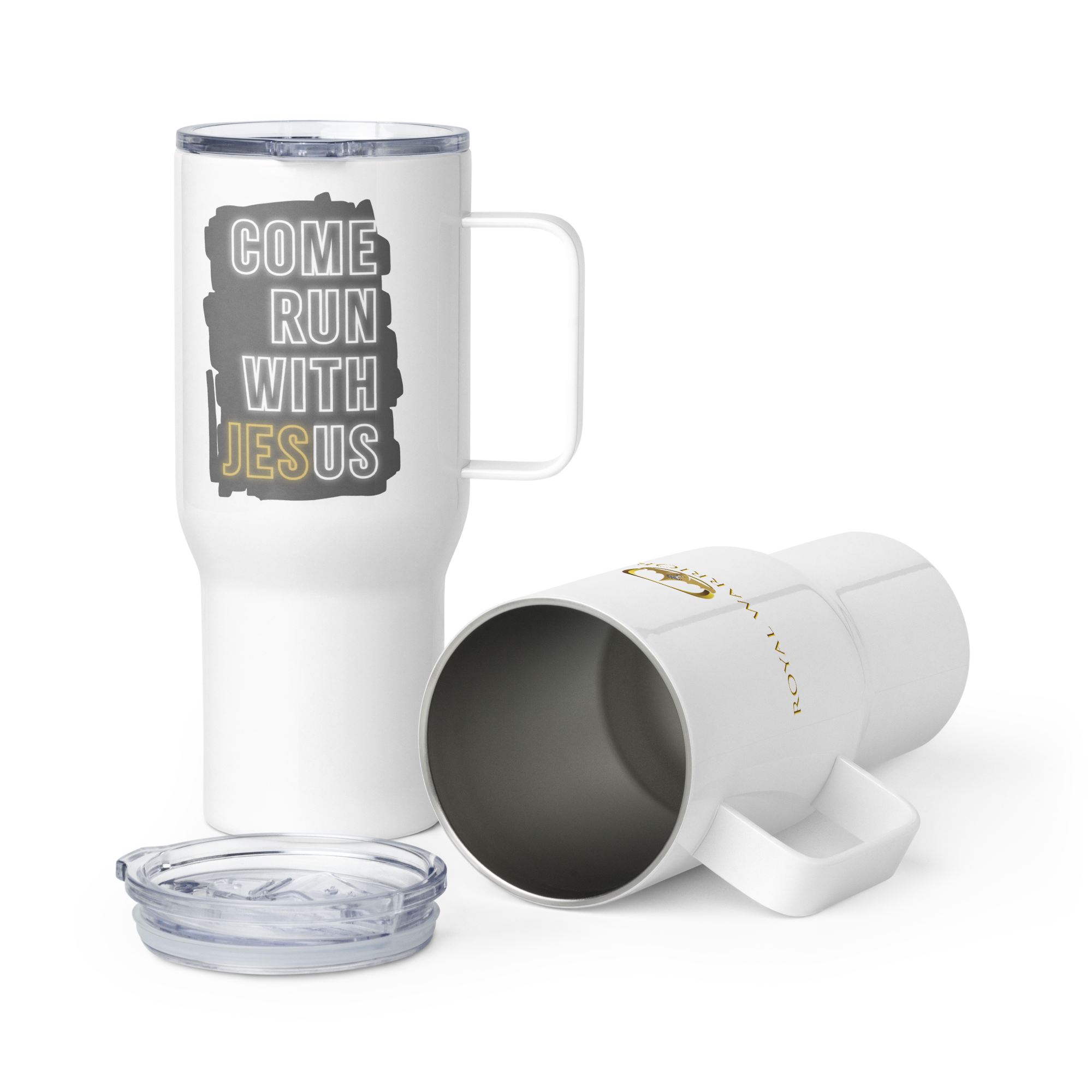 Come Run With Jesus Gold Travel Mug With Handle (25 oz / 40 oz)