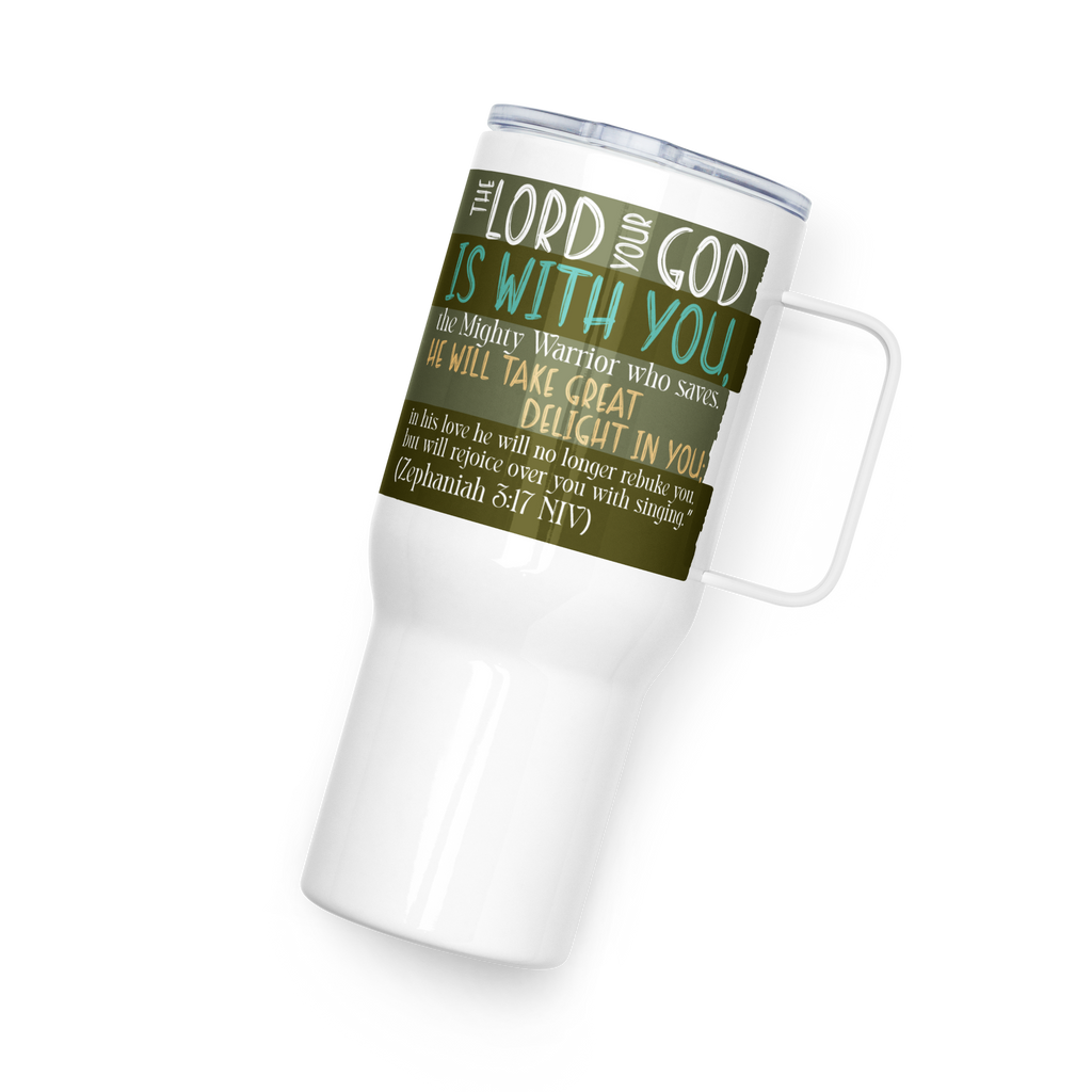 Rejoice in His Love: Zephaniah 3:17 Travel Mug With Handle (25 oz / 40 oz)