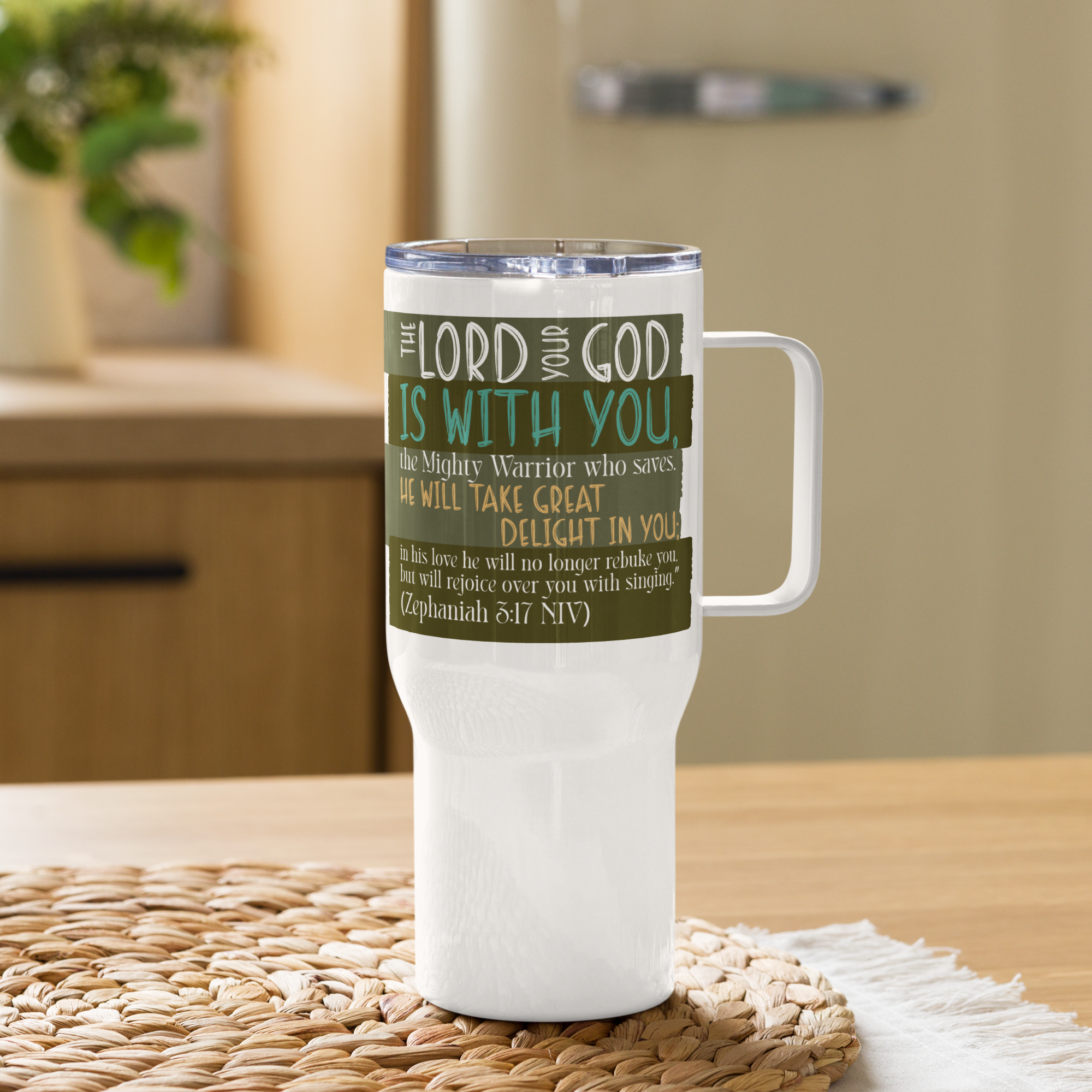 Rejoice in His Love: Zephaniah 3:17 Travel Mug With Handle (25 oz / 40 oz)