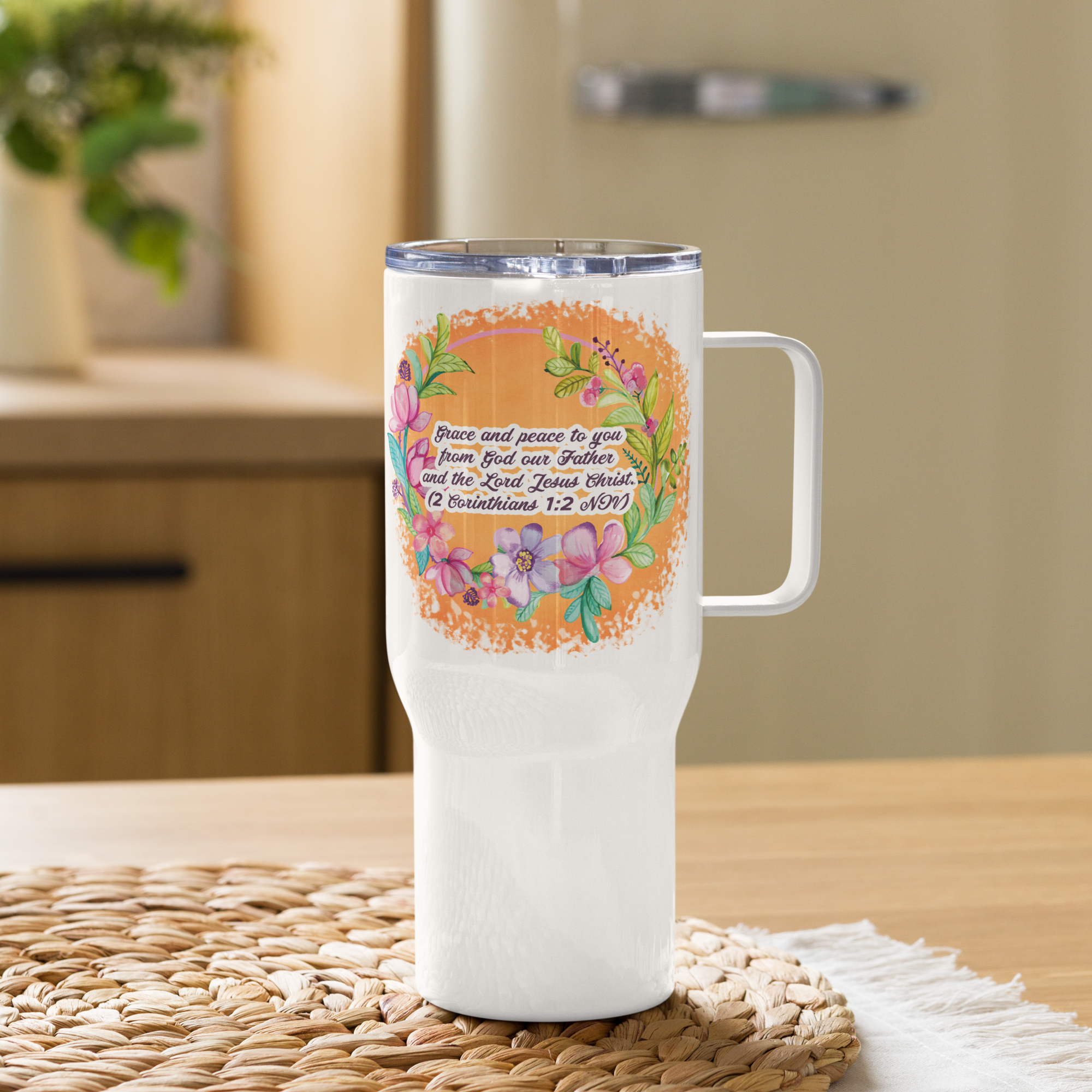 Grace & Peace Blooms: 2 Corinthians 1:2 Travel Mug With Handle (25 oz / 40 oz)