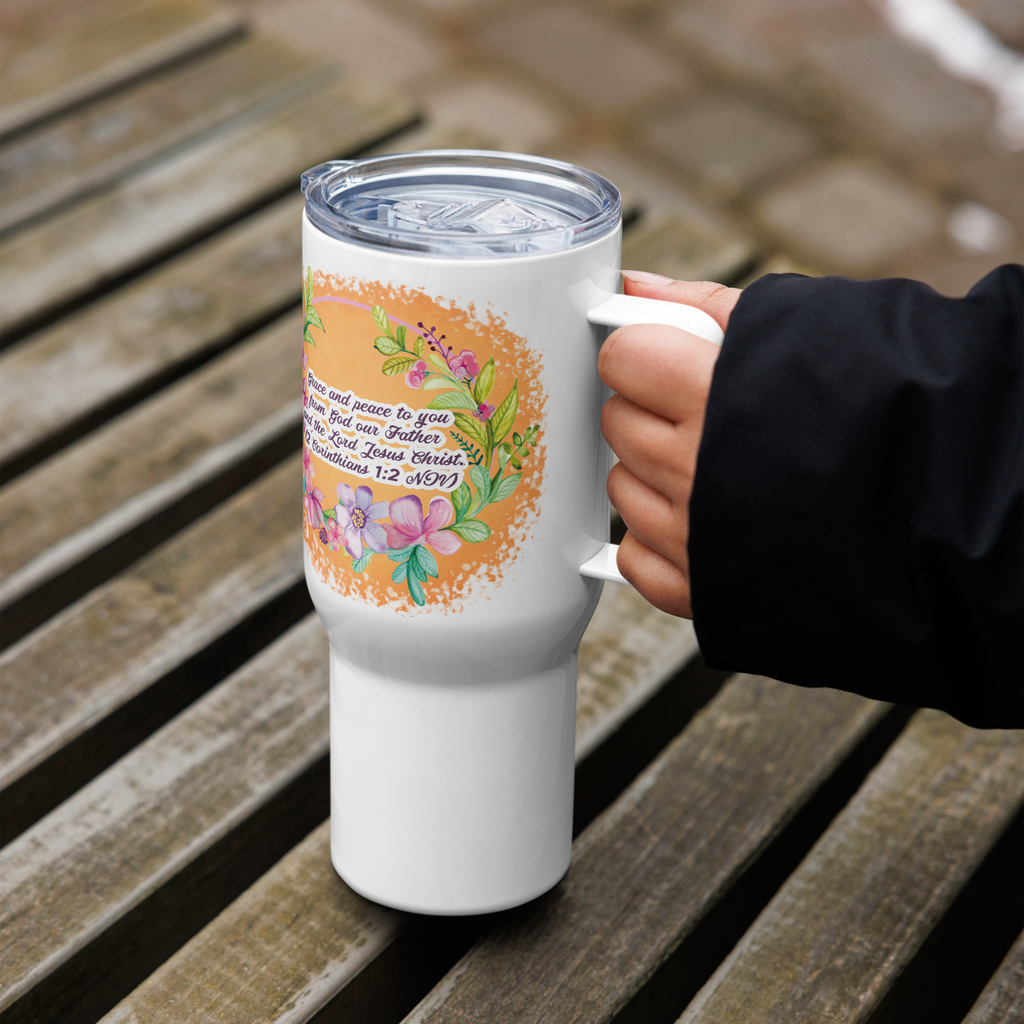 Grace & Peace Blooms: 2 Corinthians 1:2 Travel Mug With Handle (25 oz / 40 oz)