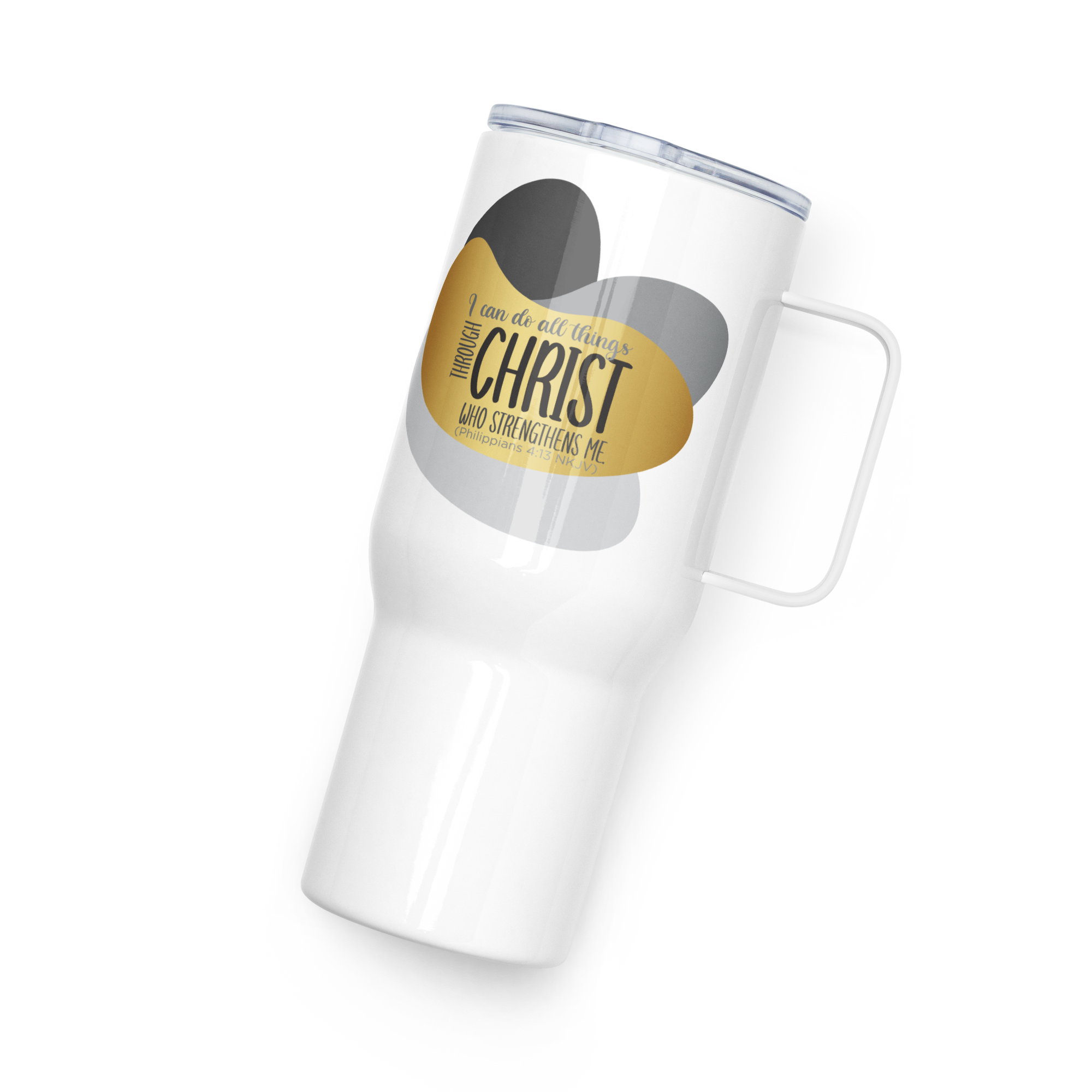Empowered by Christ: Philippians 4:13 Travel Mug With Handle (25 oz / 40 oz)