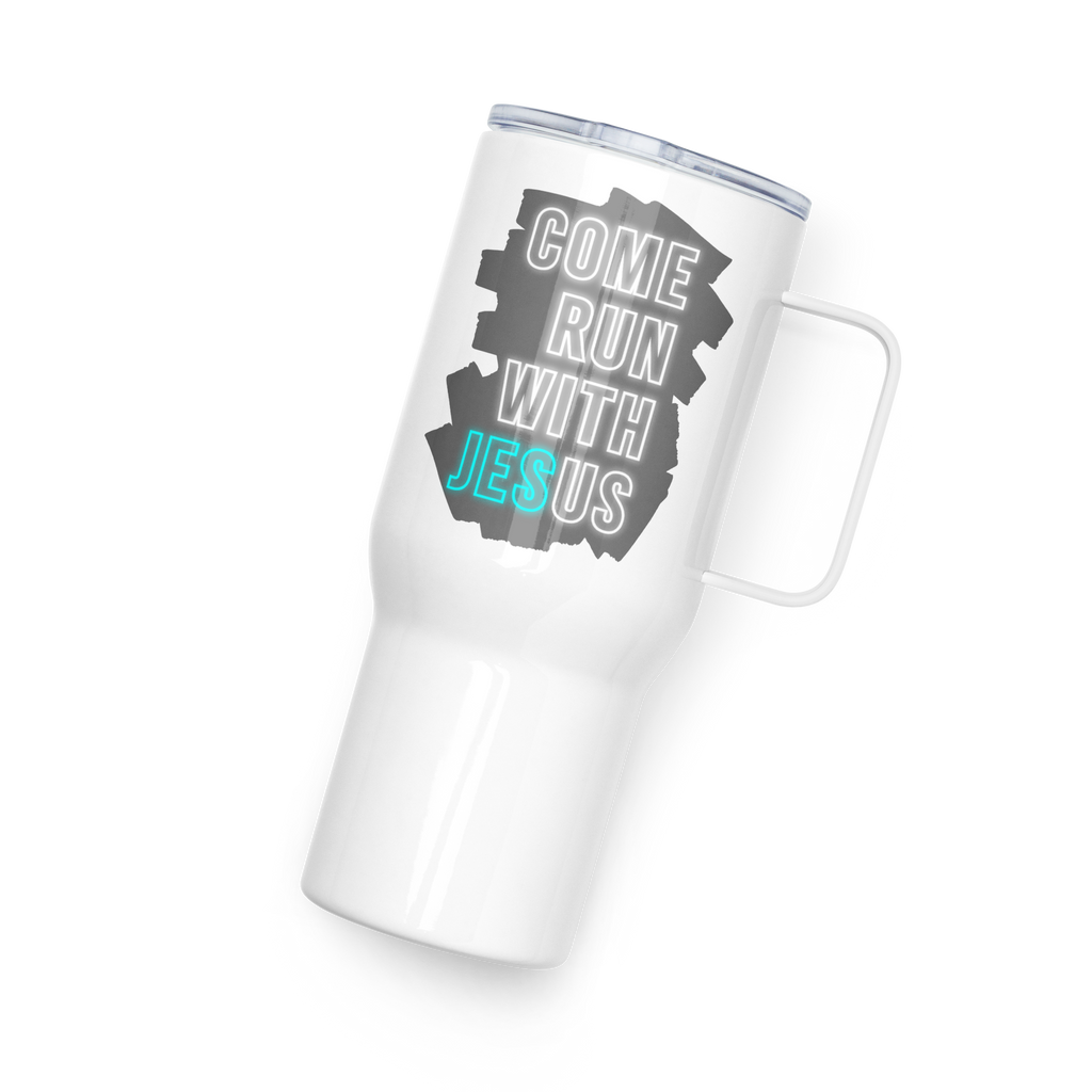 Come Run With Jesus Neon Blue Travel Mug With Handle (25 oz / 40 oz)