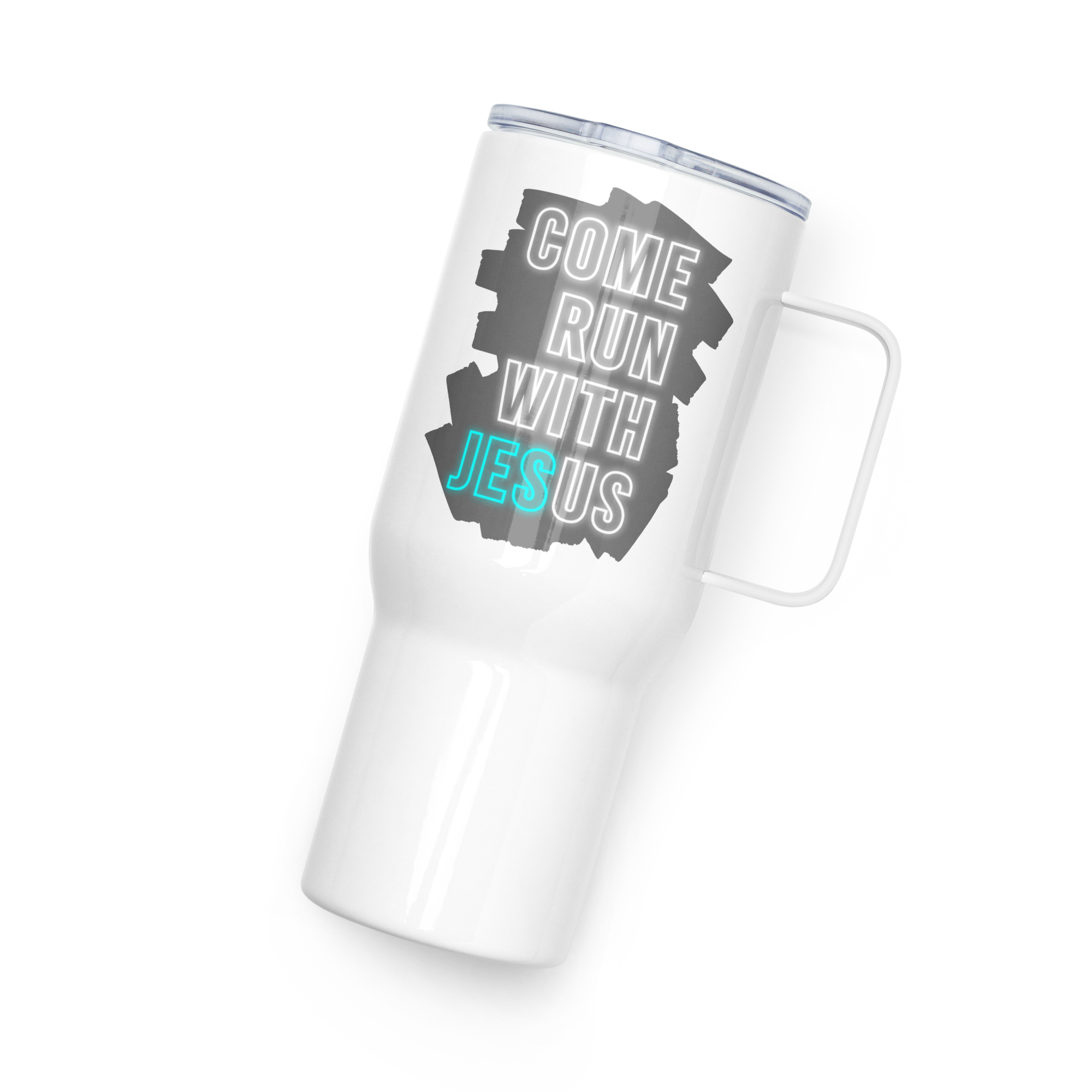 Come Run With Jesus Neon Blue Travel Mug With Handle (25 oz / 40 oz)