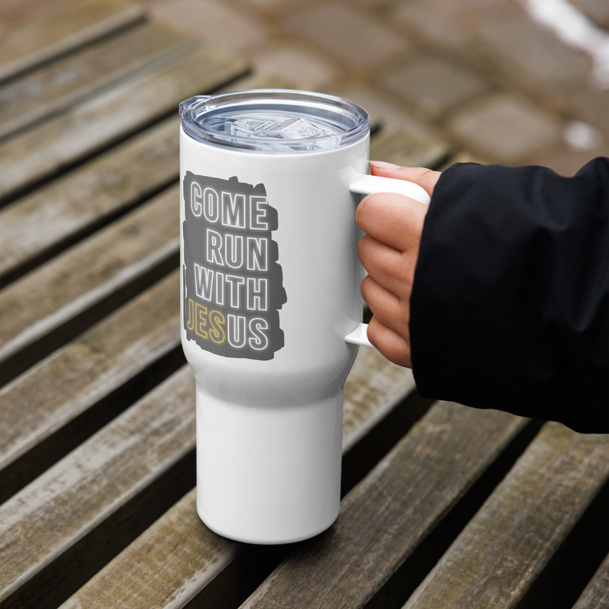 Come Run With Jesus Gold Travel Mug With Handle (25 oz / 40 oz)