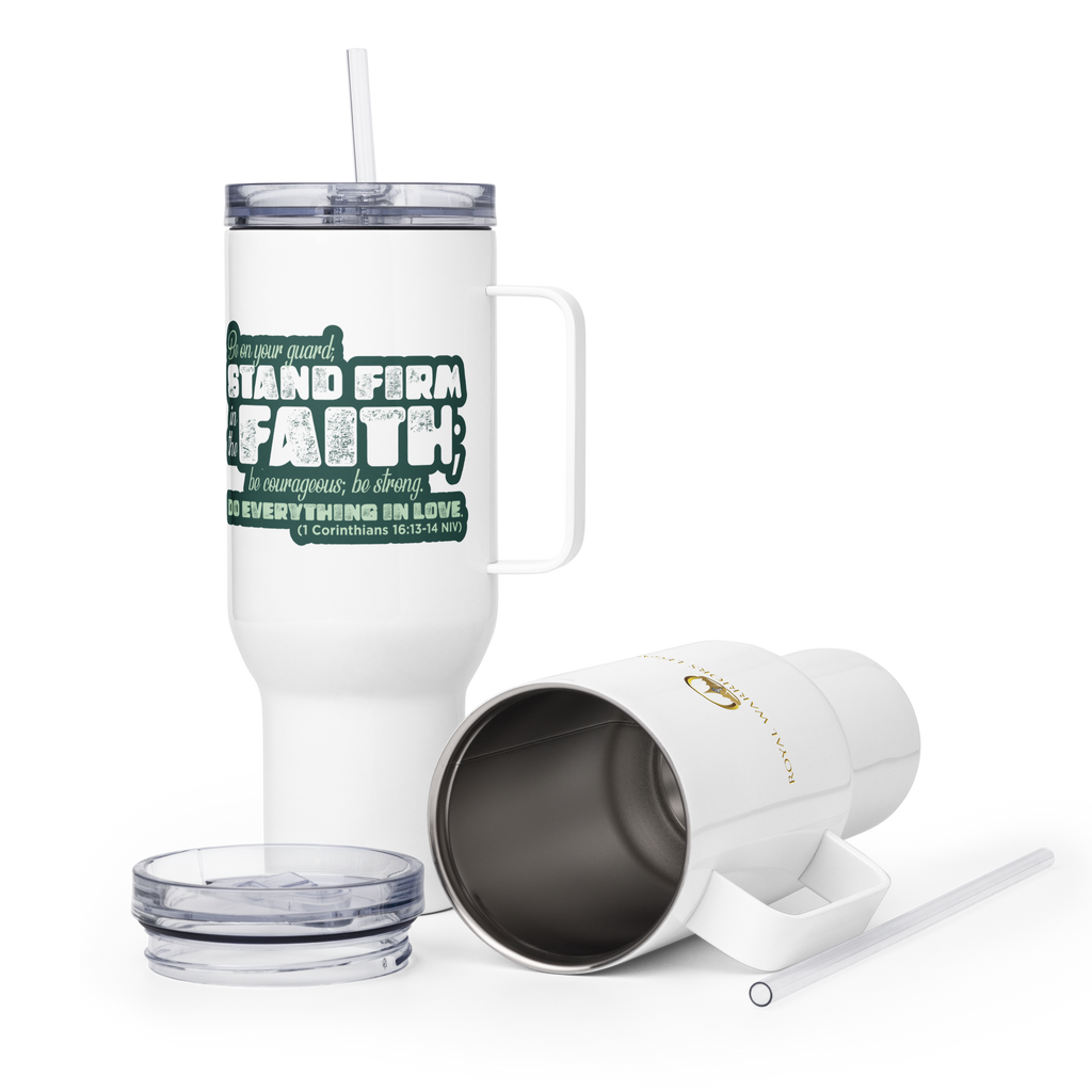 Stand Firm in Faith: 1 Corinthians 16:13-14 Travel Mug With Handle (25 oz / 40 oz)