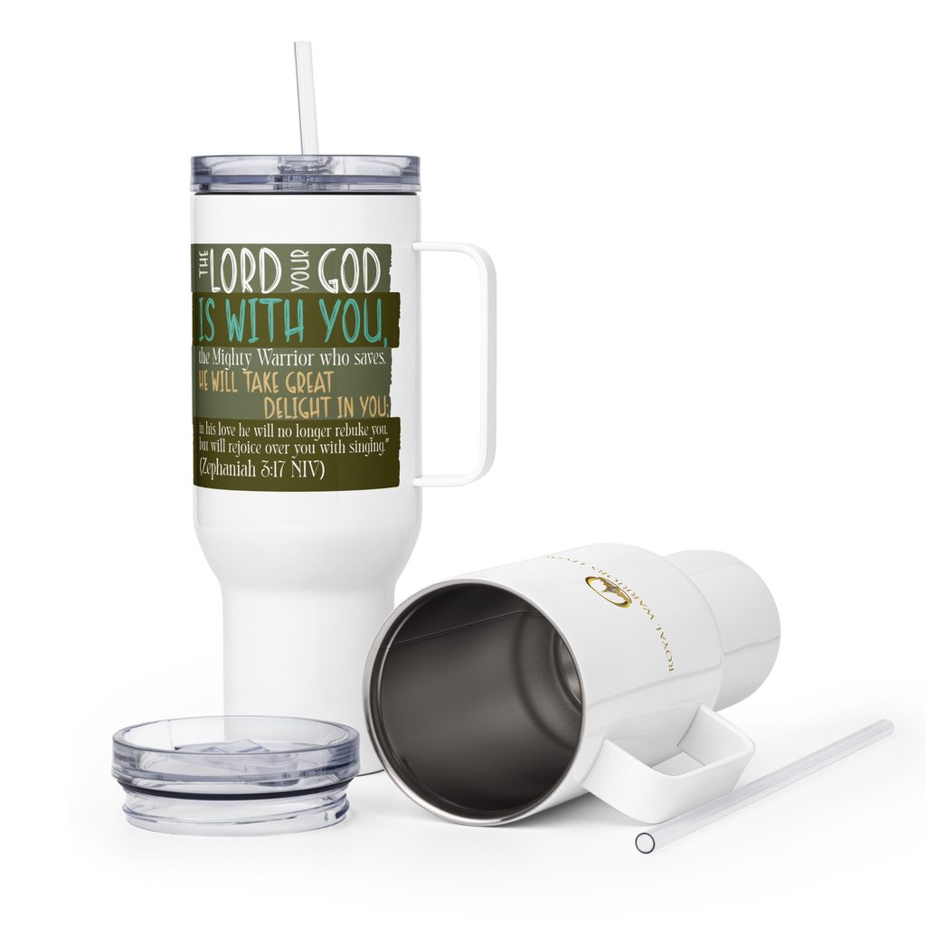Rejoice in His Love: Zephaniah 3:17 Travel Mug With Handle (25 oz / 40 oz)