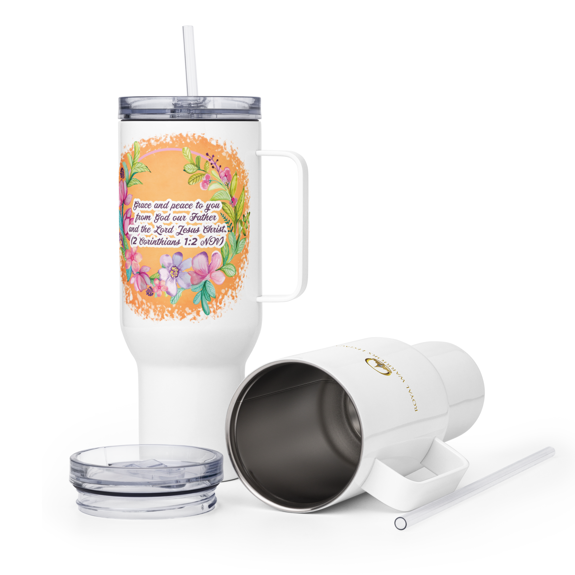 Grace & Peace Blooms: 2 Corinthians 1:2 Travel Mug With Handle (25 oz / 40 oz)