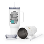 Come Run With Jesus Neon Blue Travel Mug With Handle (25 oz / 40 oz)