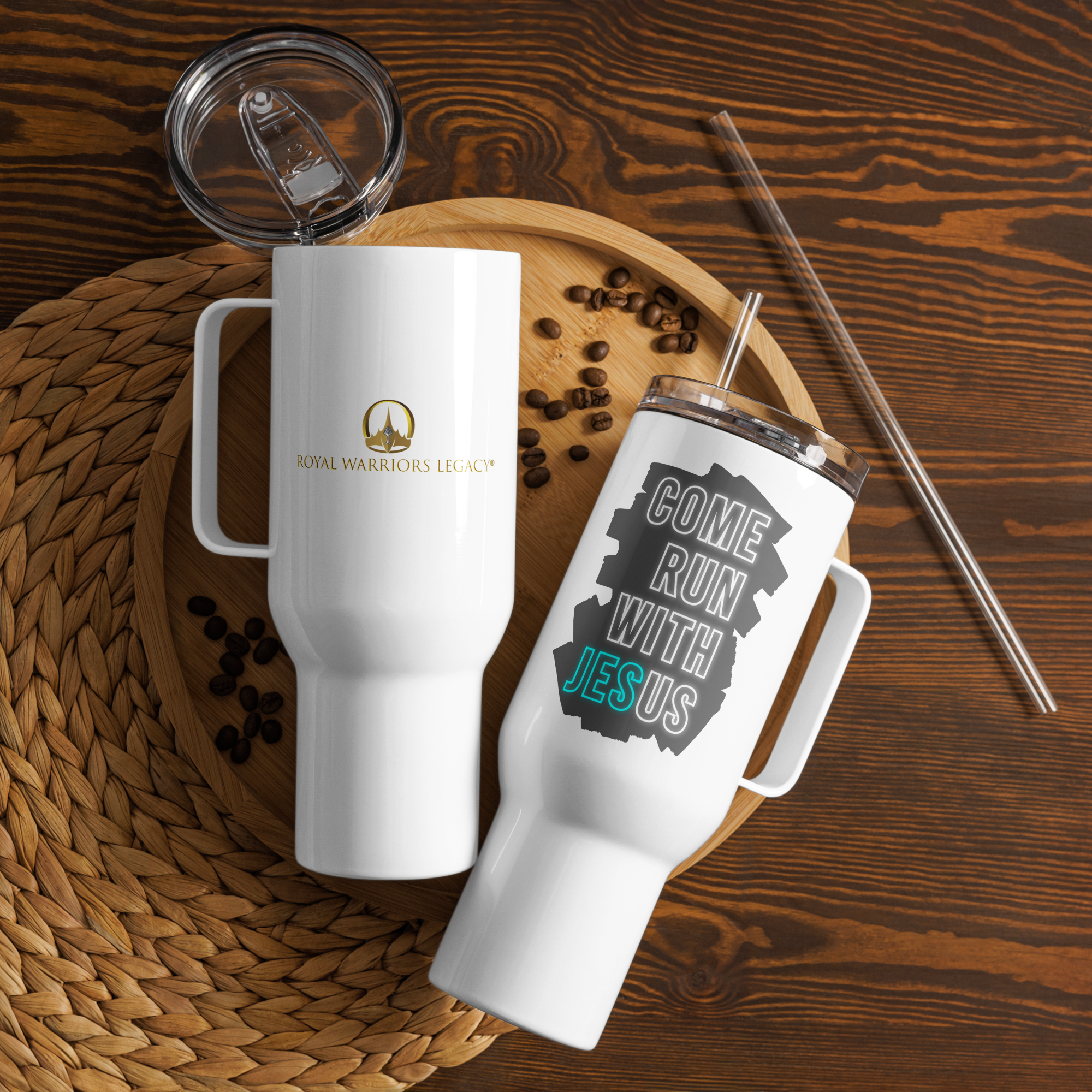 Come Run With Jesus Neon Blue Travel Mug With Handle (25 oz / 40 oz)