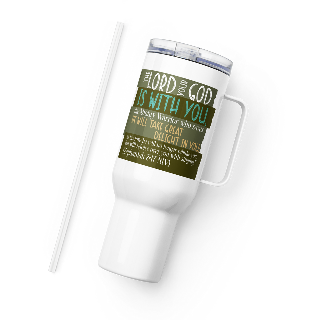 Rejoice in His Love: Zephaniah 3:17 Travel Mug With Handle (25 oz / 40 oz)