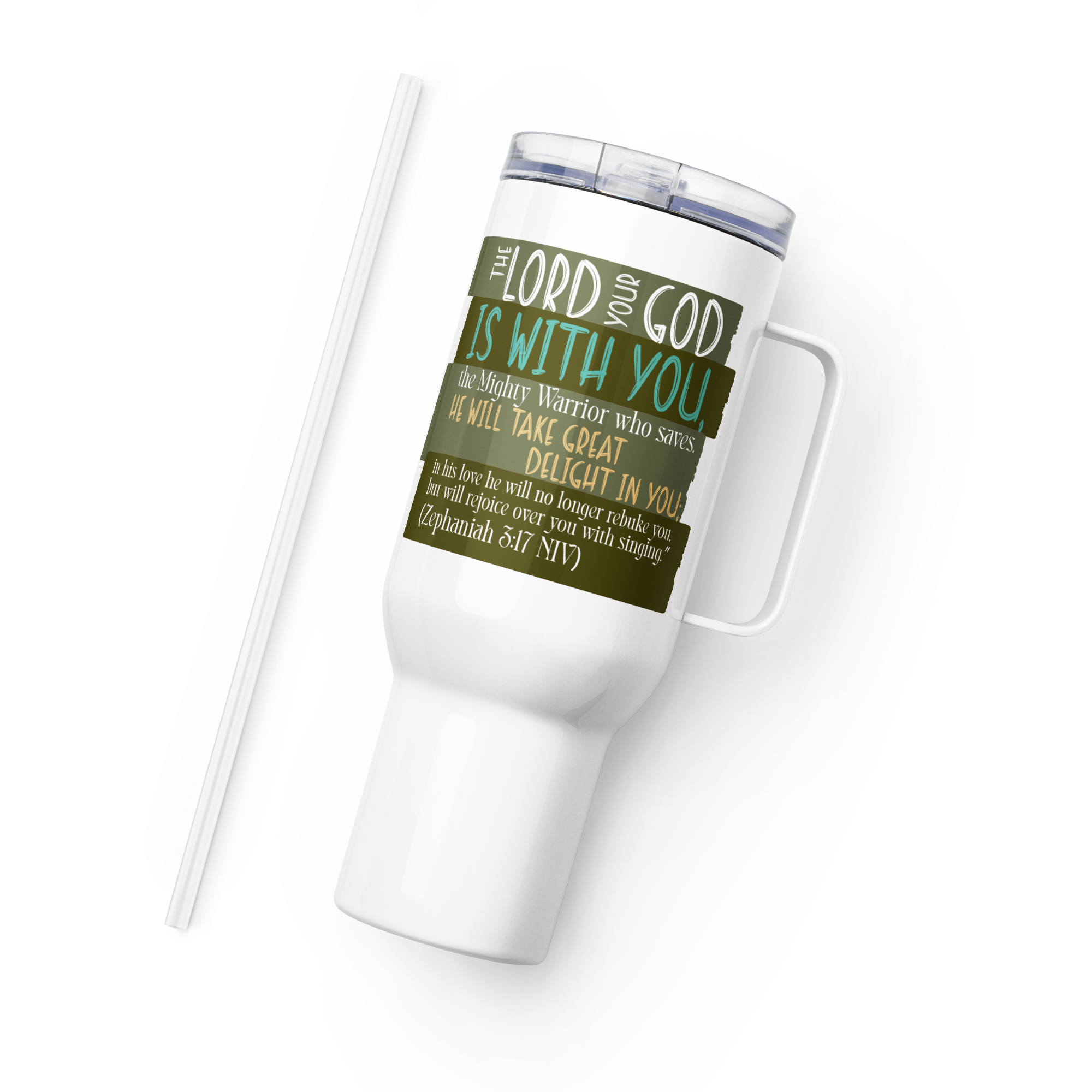 Rejoice in His Love: Zephaniah 3:17 Travel Mug With Handle (25 oz / 40 oz)