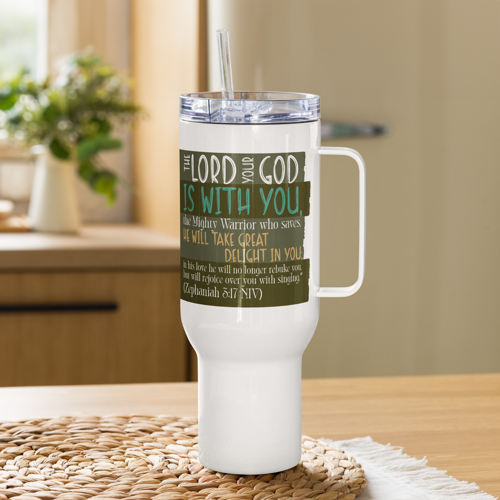 Rejoice in His Love: Zephaniah 3:17 Travel Mug With Handle (25 oz / 40 oz)