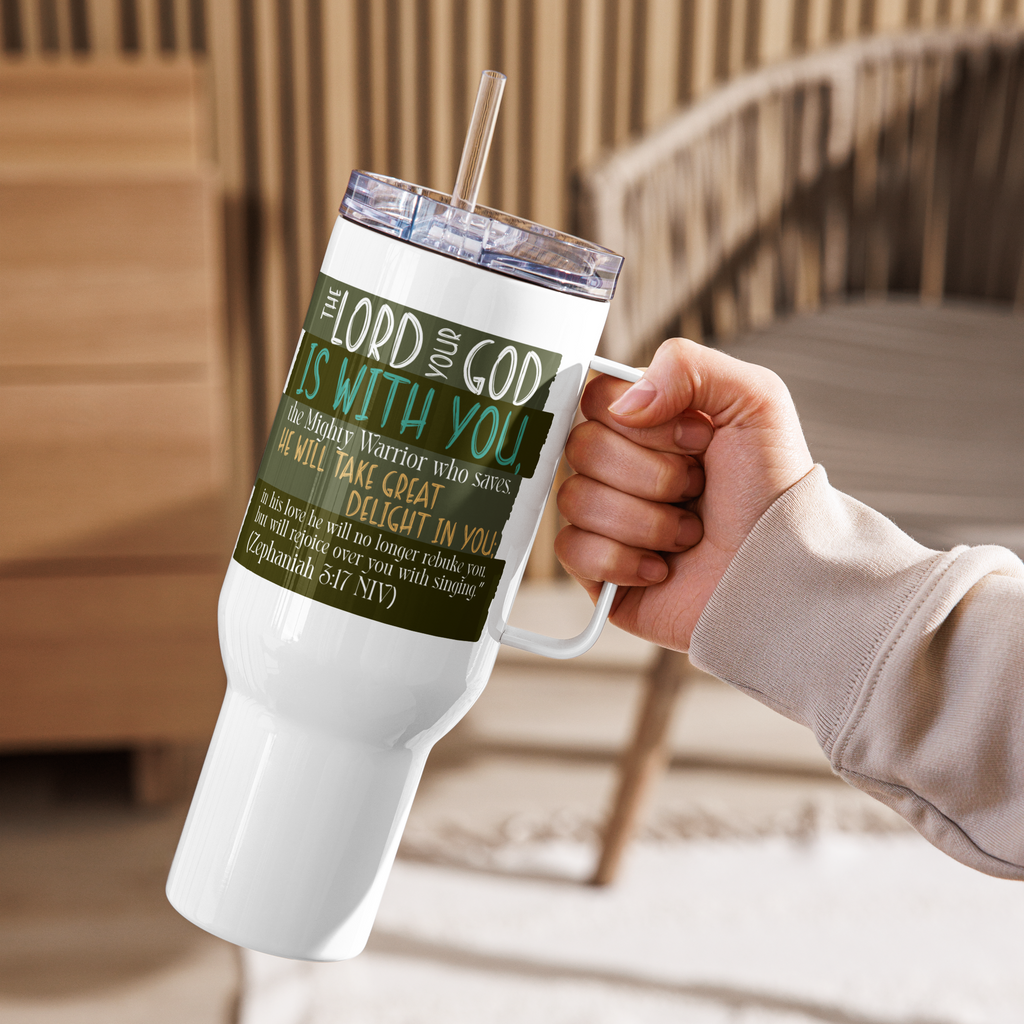 Rejoice in His Love: Zephaniah 3:17 Travel Mug With Handle (25 oz / 40 oz)