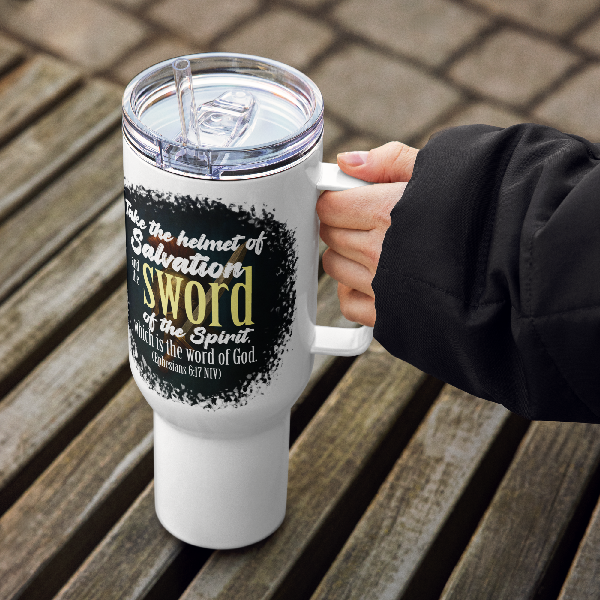 Sword & Salvation: Ephesians 6:17 Travel Mug With Handle (25 oz / 40 oz)
