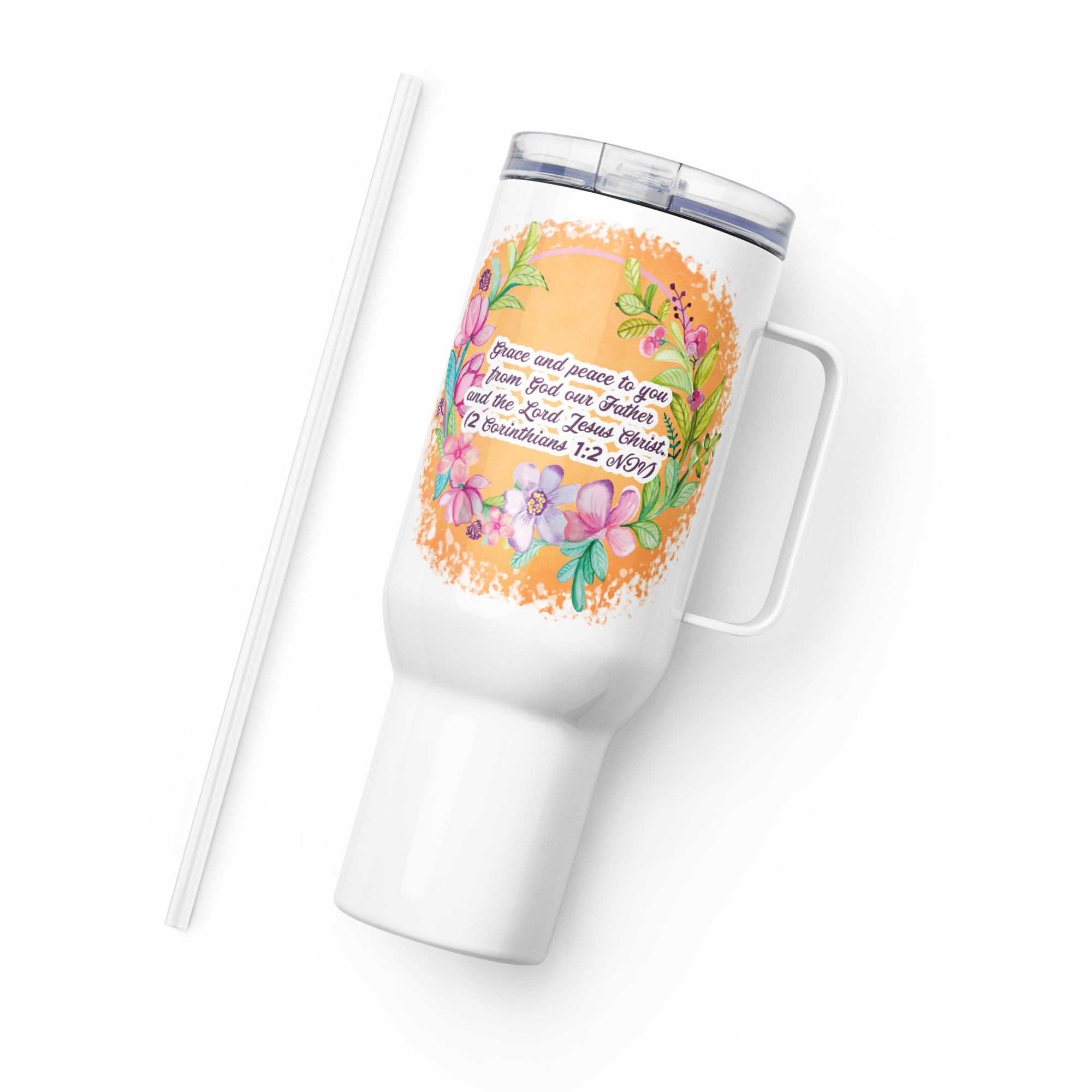 Grace & Peace Blooms: 2 Corinthians 1:2 Travel Mug With Handle (25 oz / 40 oz)