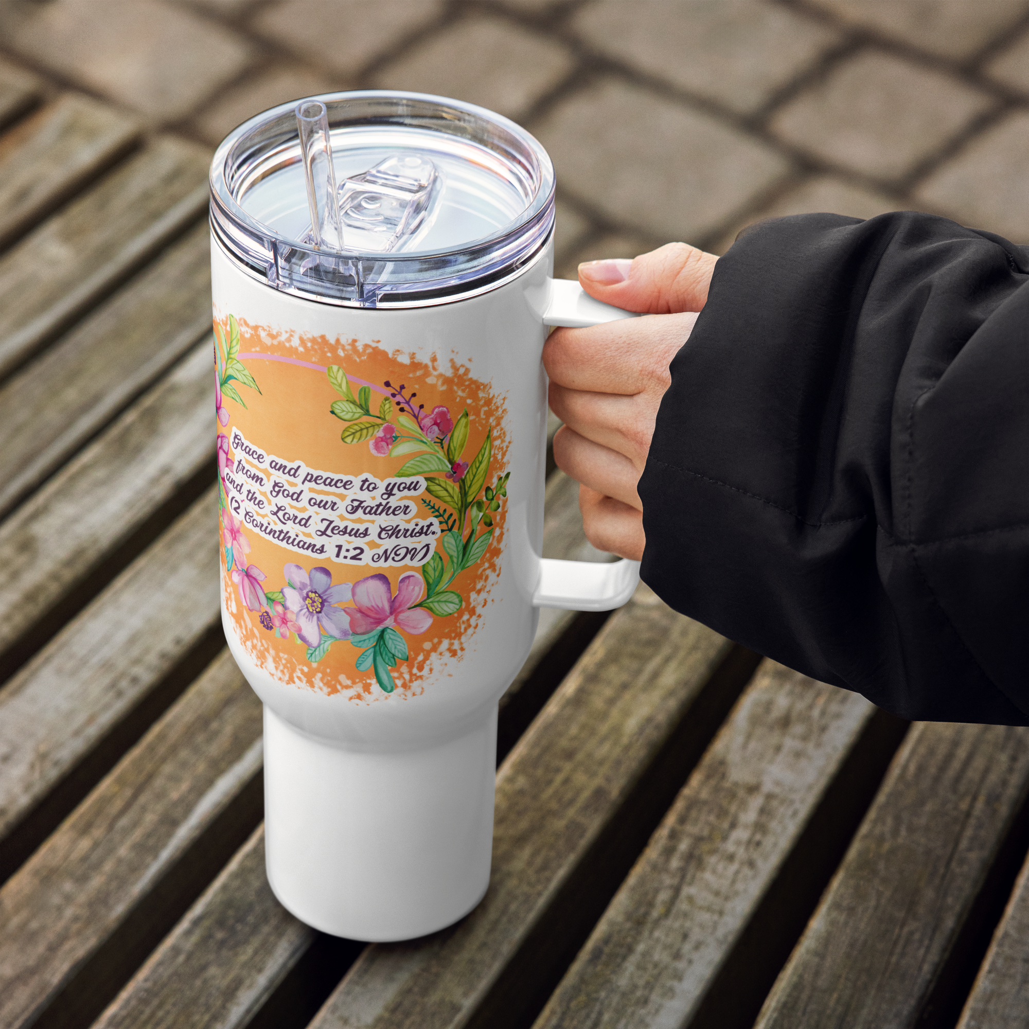Grace & Peace Blooms: 2 Corinthians 1:2 Travel Mug With Handle (25 oz / 40 oz)