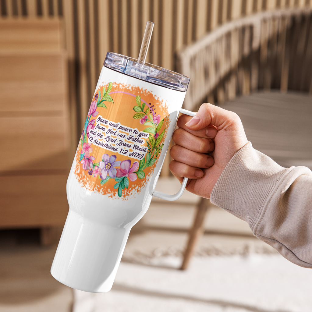 Grace & Peace Blooms: 2 Corinthians 1:2 Travel Mug With Handle (25 oz / 40 oz)