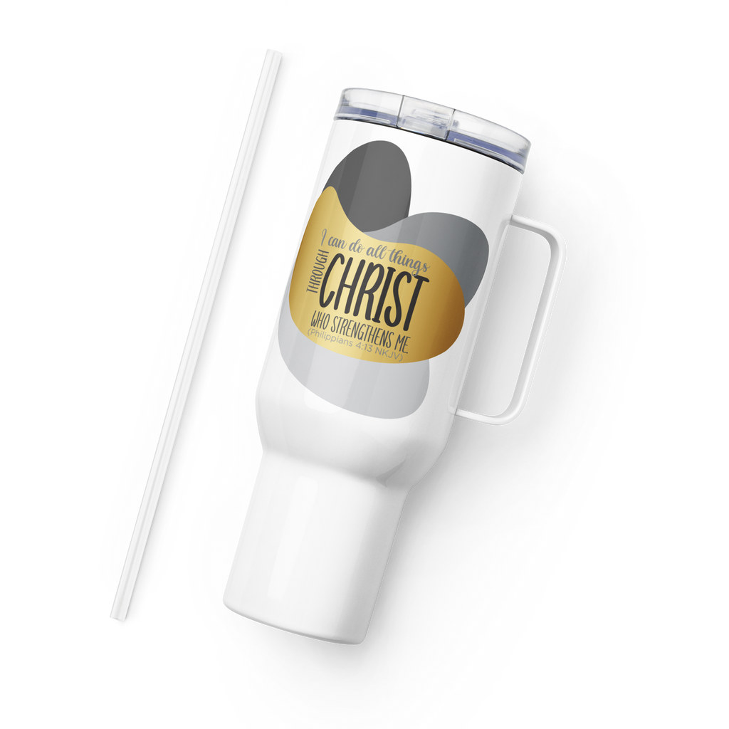 Empowered by Christ: Philippians 4:13 Travel Mug With Handle (25 oz / 40 oz)