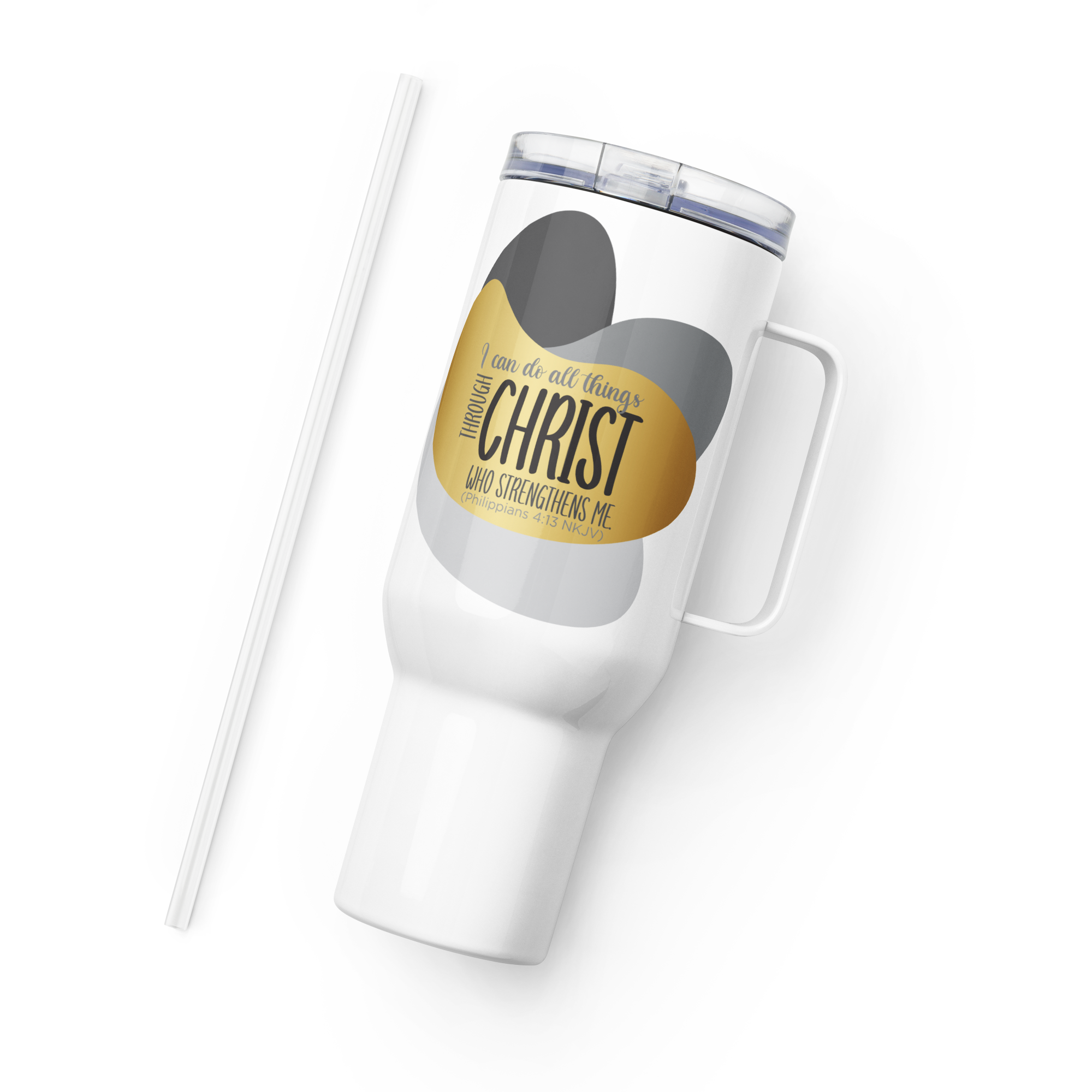 Empowered by Christ: Philippians 4:13 Travel Mug With Handle (25 oz / 40 oz)