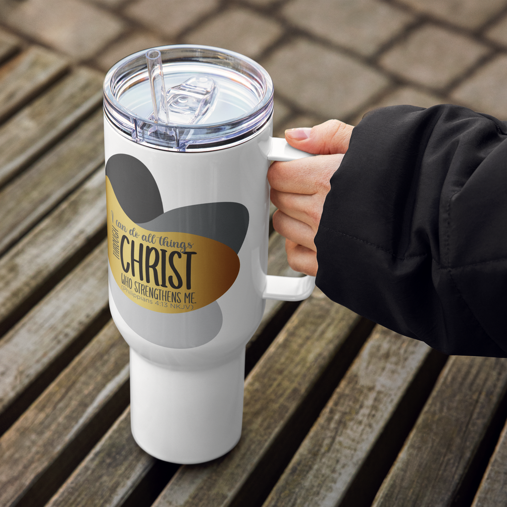 Empowered by Christ: Philippians 4:13 Travel Mug With Handle (25 oz / 40 oz)