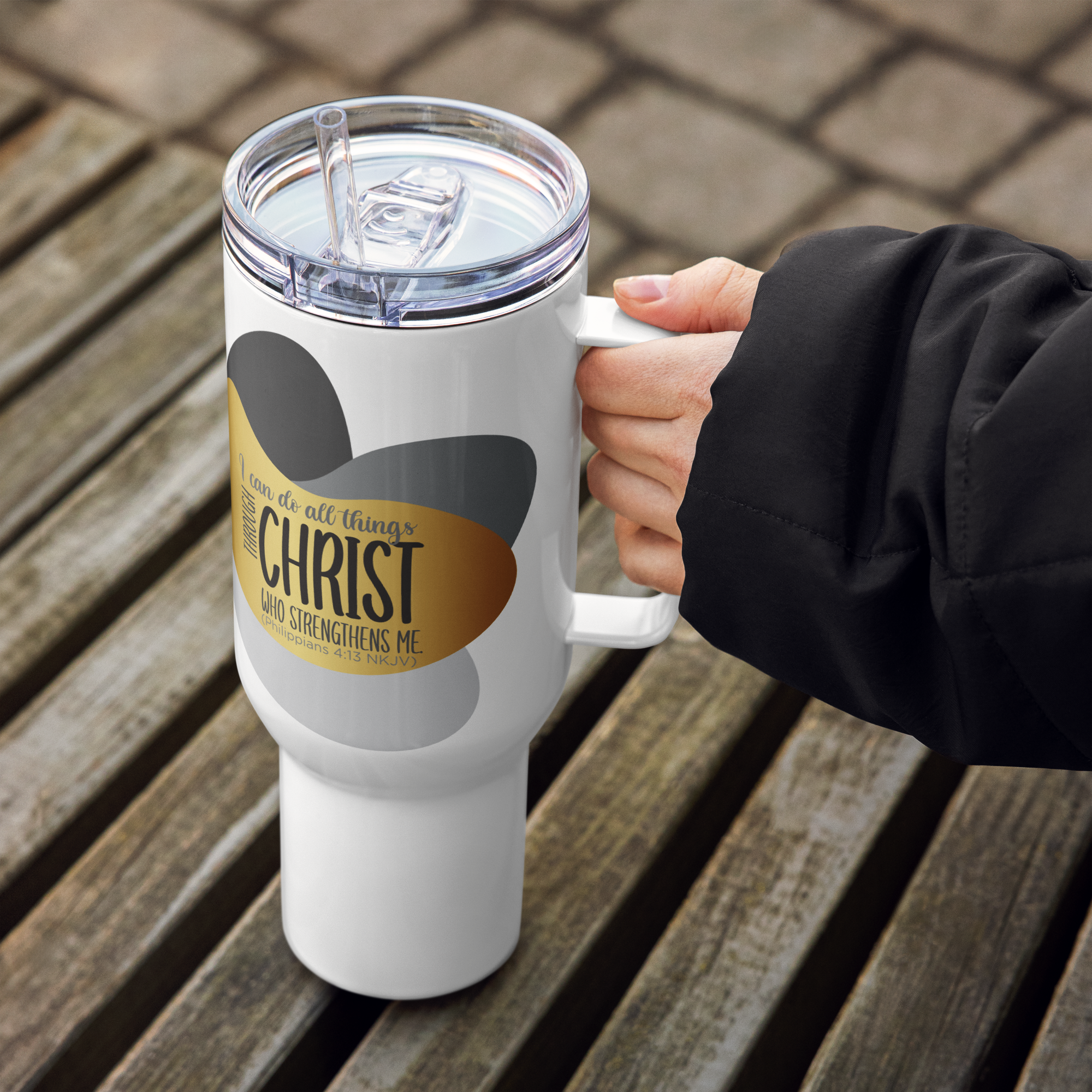 Empowered by Christ: Philippians 4:13 Travel Mug With Handle (25 oz / 40 oz)