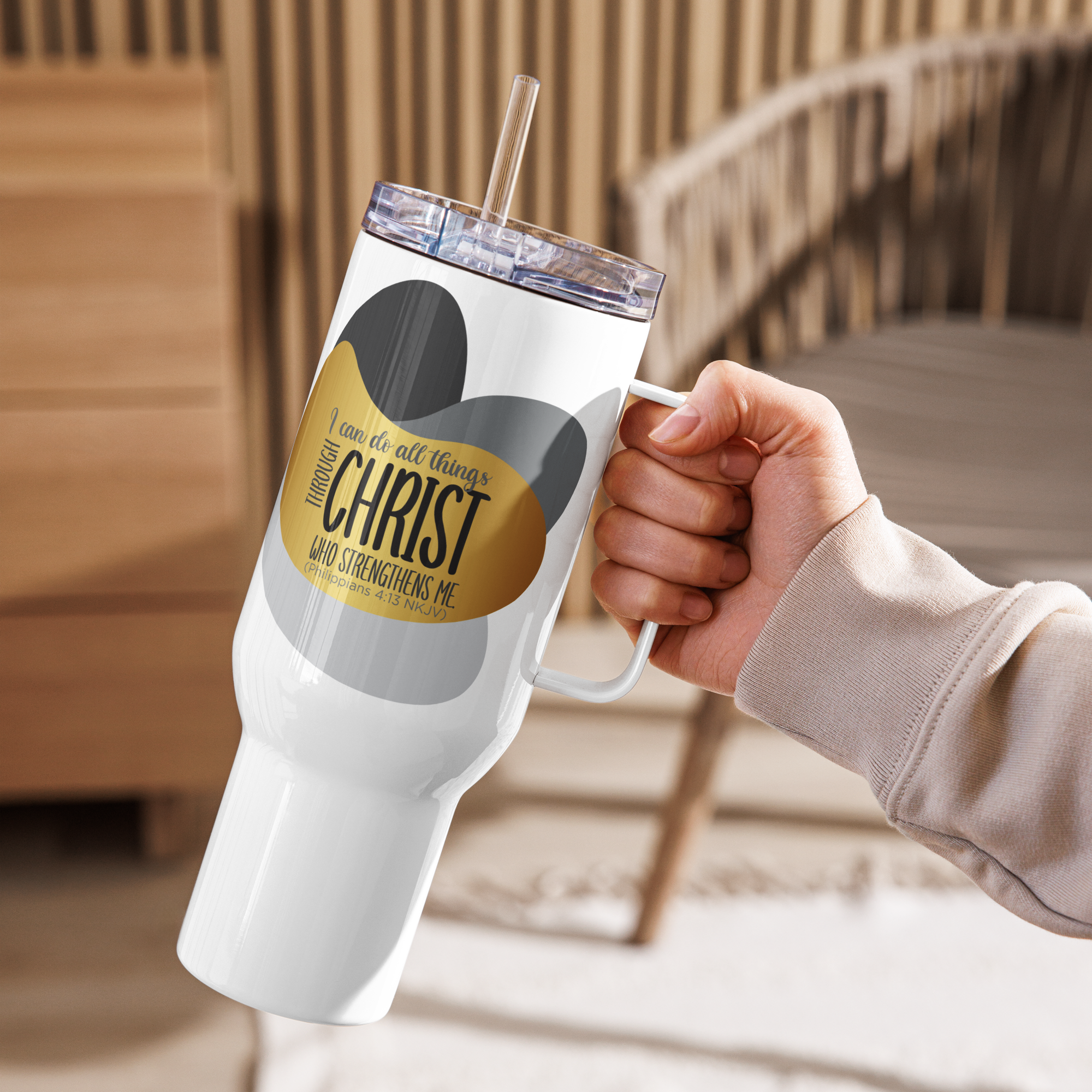 Empowered by Christ: Philippians 4:13 Travel Mug With Handle (25 oz / 40 oz)