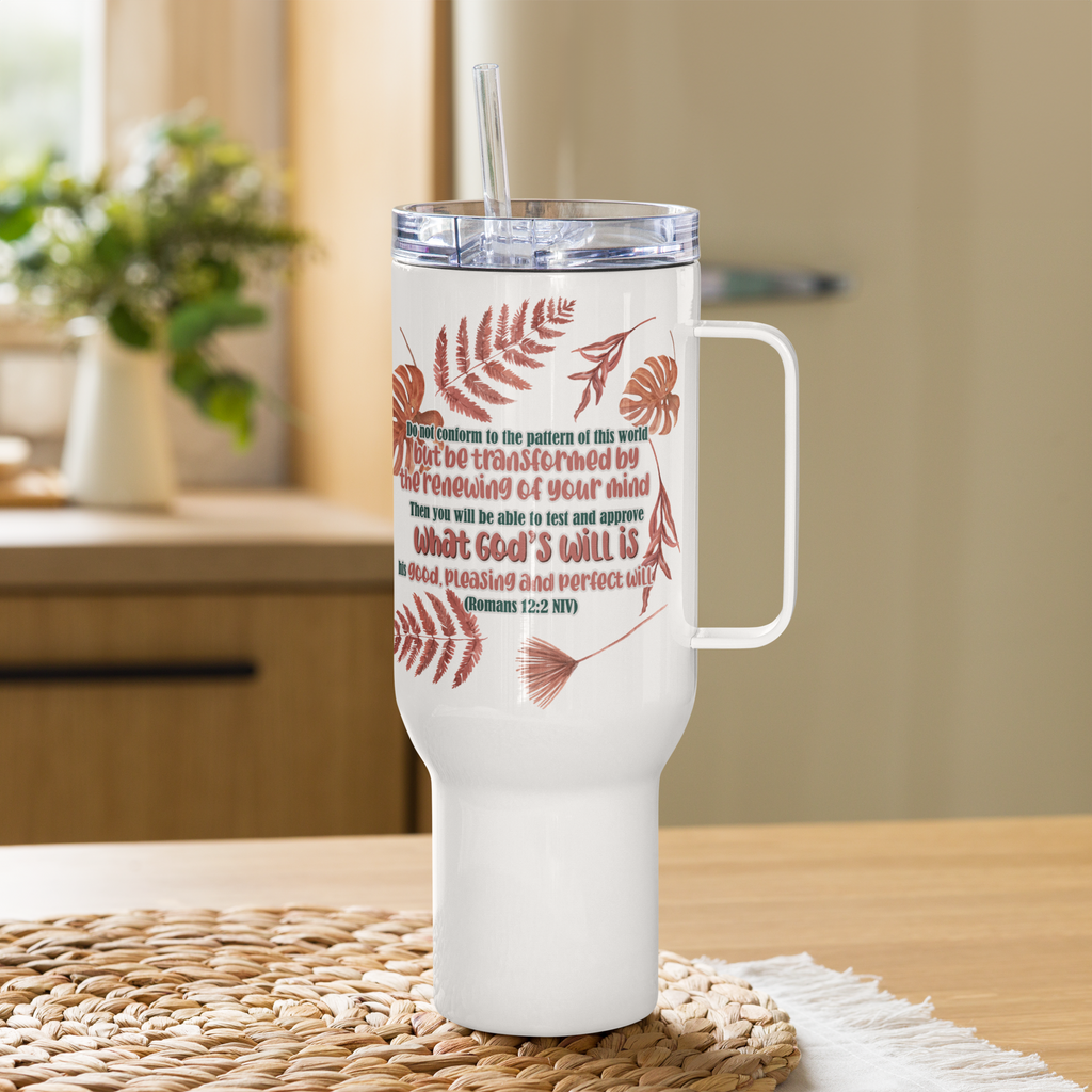 Renewed By The Spirit: Romans 12:2 Travel Mug With Handle (25 oz / 40 oz)