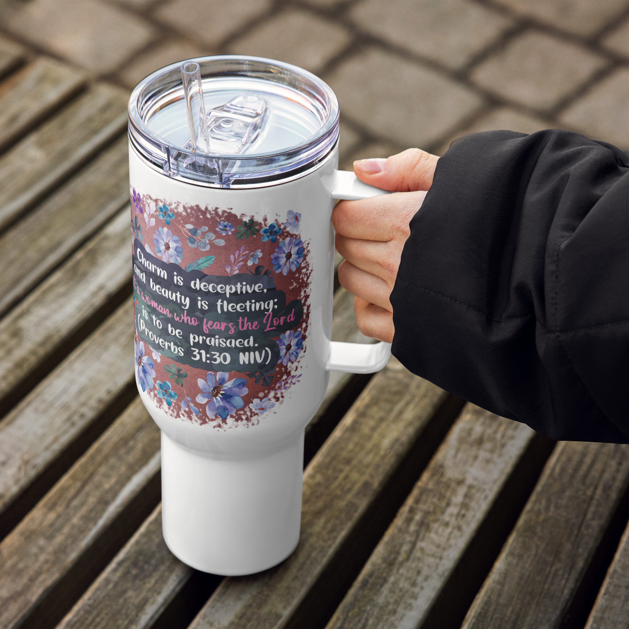 Fearless Woman: Proverbs 31:30 Travel Mug With Handle (25 oz / 40 oz)