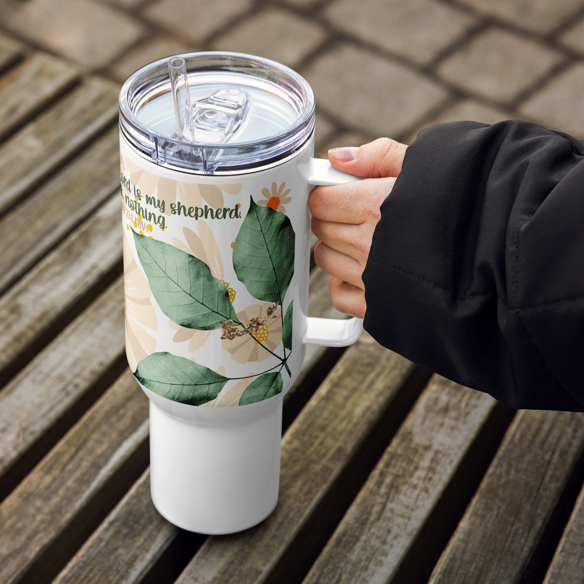 The Lord Is My Shepherd: Psalm 23:1 Travel Mug With Handle (25 oz / 40 oz)
