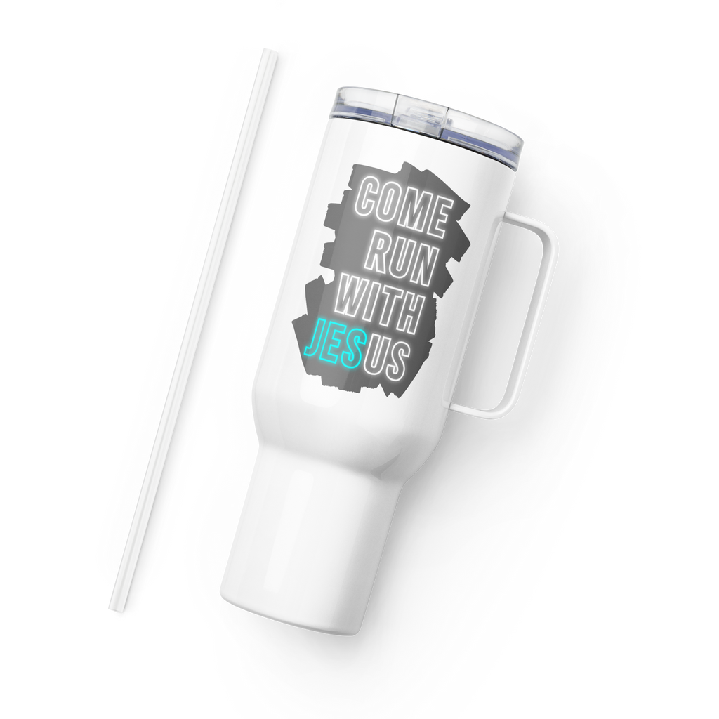 Come Run With Jesus Neon Blue Travel Mug With Handle (25 oz / 40 oz)