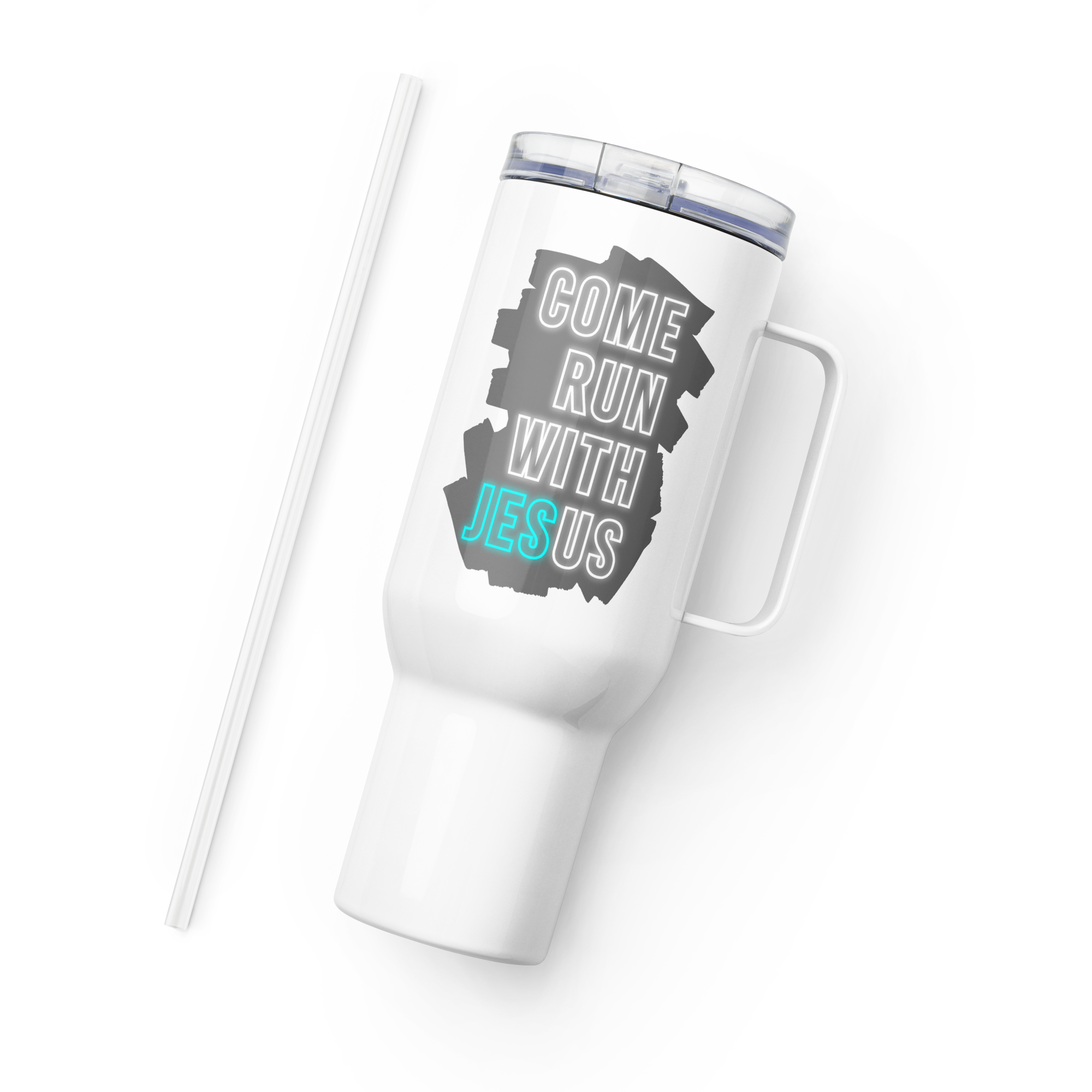 Come Run With Jesus Neon Blue Travel Mug With Handle (25 oz / 40 oz)
