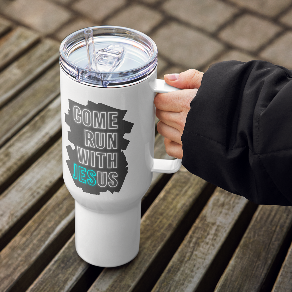 Come Run With Jesus Neon Blue Travel Mug With Handle (25 oz / 40 oz)